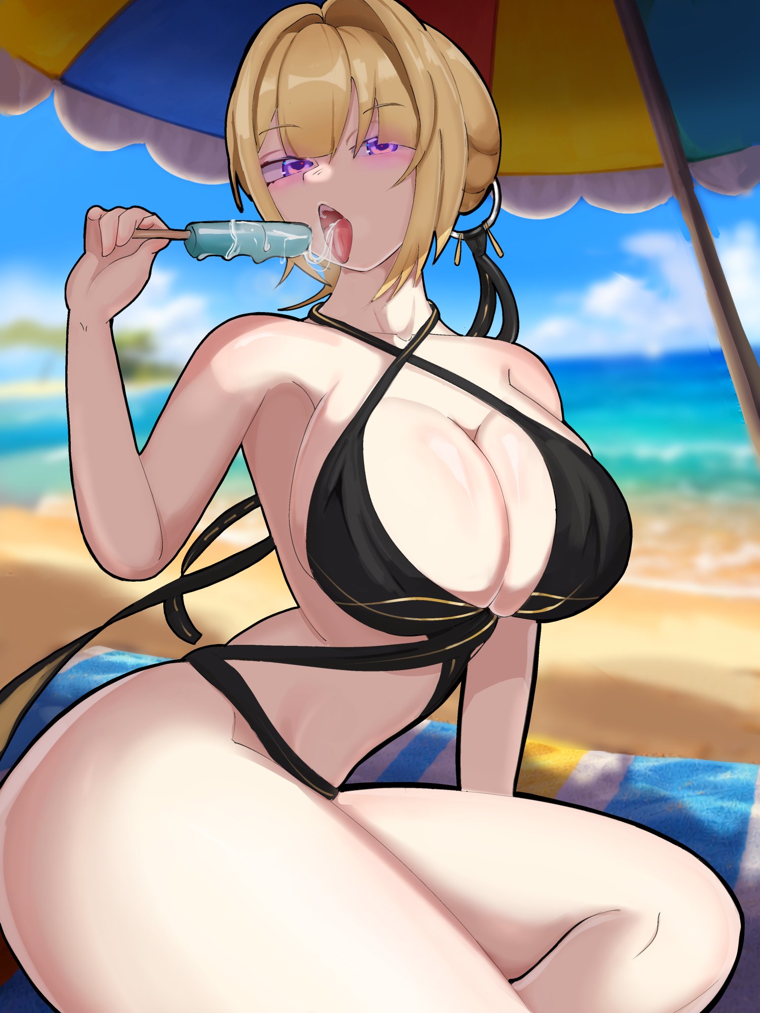 1girls, bangs, beach, beach umbrella, bikini, black bikini, black swimsuit, blonde hair, blush, breasts, cleavage, cloud, day, evelyn chevalier, eyebrows visible through hair, hair intakes, large breasts, looking at viewer, manman, ocean, open mouth, outdoors, parasol, popsicle, purple eyes, sand, sky, solo, swimsuit, tongue, tongue out, umbrella, zenless zone zero