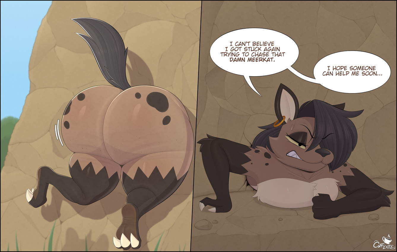 1girls, absurd res, anthro, ass, big butt, biped, black hair, blush, bodily fluids, breasts, brown body, coffilatte, detailed background, drooling, ear piercing, earring, earrings, eyebrows visible through hair, female, fur, genital fluids, hair over one eye, hi res, huge butt, hyena, leaking cum, leena (potateymatey), mammal, motion lines, multicolored body, one eye obstructed, outside, pupils, pussy, saliva, stuck, stuck in wall, sweat, tail, thick thighs, twitching