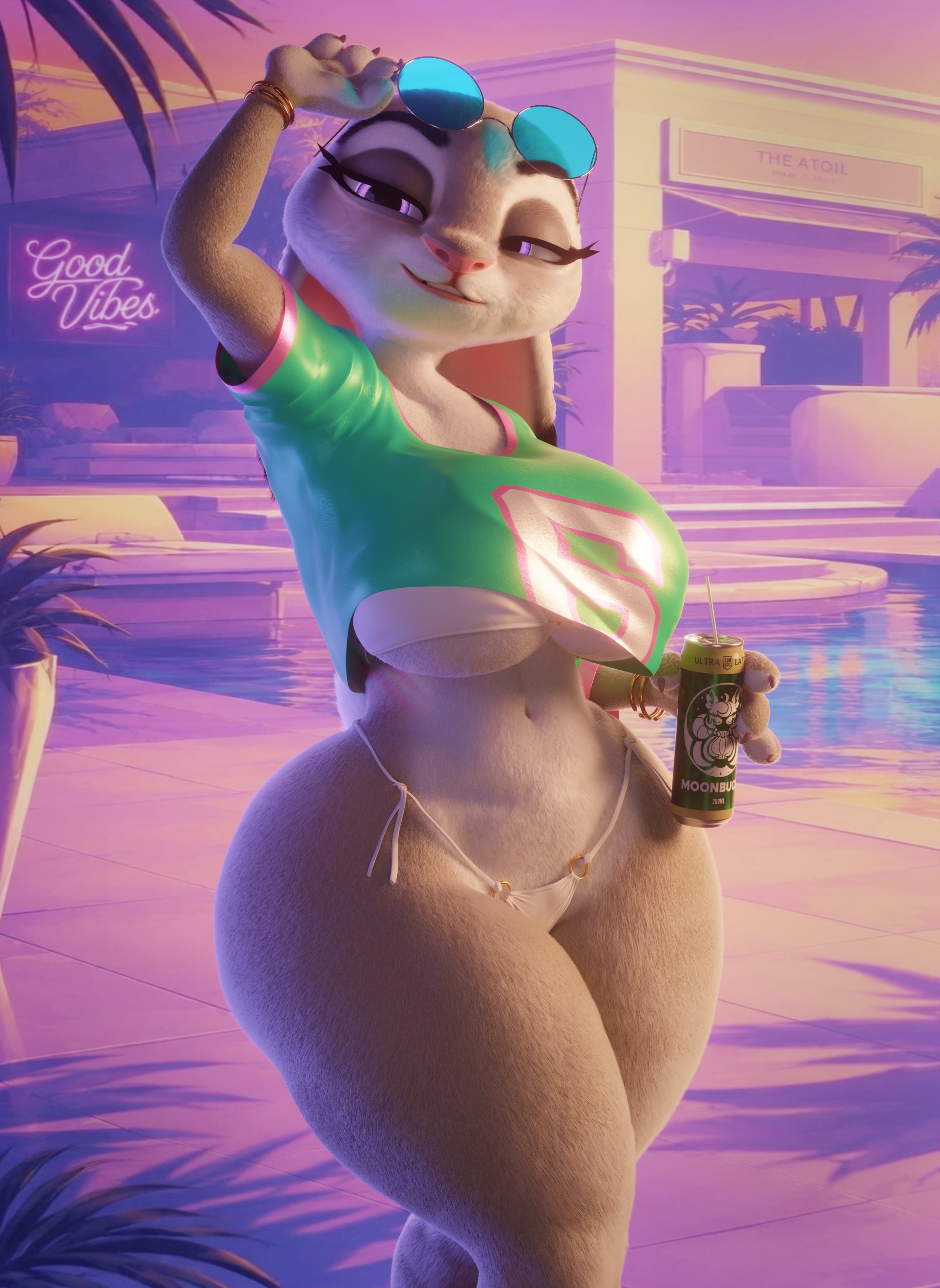 1girls, 2020s, 2026, 3d (artwork), absurd res, anthro, big breasts, bracelet, breasts, can, clothing, container, digital media (artwork), disney, european rabbit, eyelashes, eyewear, eyewear on head, female, fur, g-string, grand theft auto, grand theft auto vi, gta vi cover girl, hi res, holding can, holding container, holding object, huge breasts, jewelry, judy hopps, lagomorph, large breasts, leporid, long eyelashes, mammal, meme, navel, o-ring, o-ring bikini, oryctolagus, outside, pink eyes, purple eyes, rabbit, raised arm, rockstar games, scrag boy (model), scrag judy, smile, solo, sunglasses, sunglasses on head, thick thighs, under boob, underwear, vllrukkin, wearing sunglasses, wide hips, zootopia
