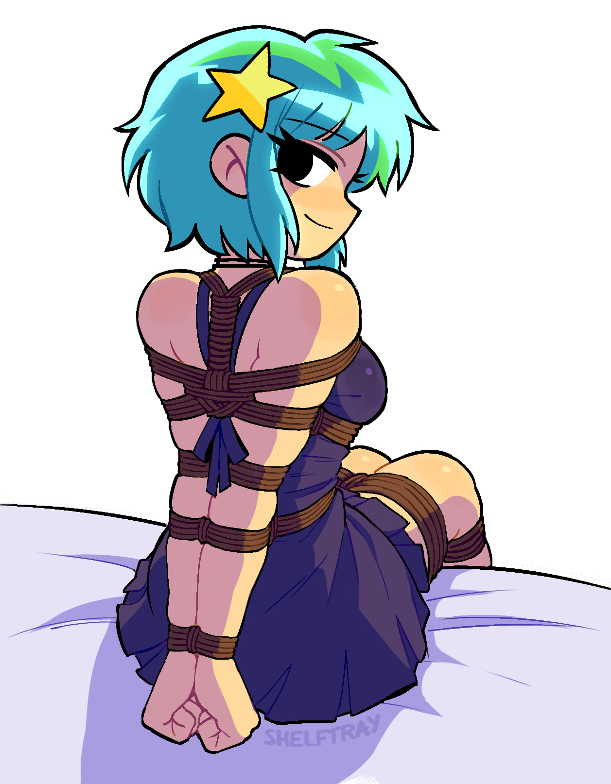1girls, arms behind back, arms tied, bare shoulders, bdsm, bedroom eyes, bondage, bound, bound arms, bound legs, bound wrists, breasts, choker, clothed, clothing, dress, dyed hair, female, hair ornament, hairclip, legs tied, looking at viewer, looking back, ramona flowers, rope, rope bondage, scott pilgrim, seductive, shelftray, shibari, shibari over clothes, sitting, sitting on bed, smile, smiling, smiling at viewer, tied up, wrists tied