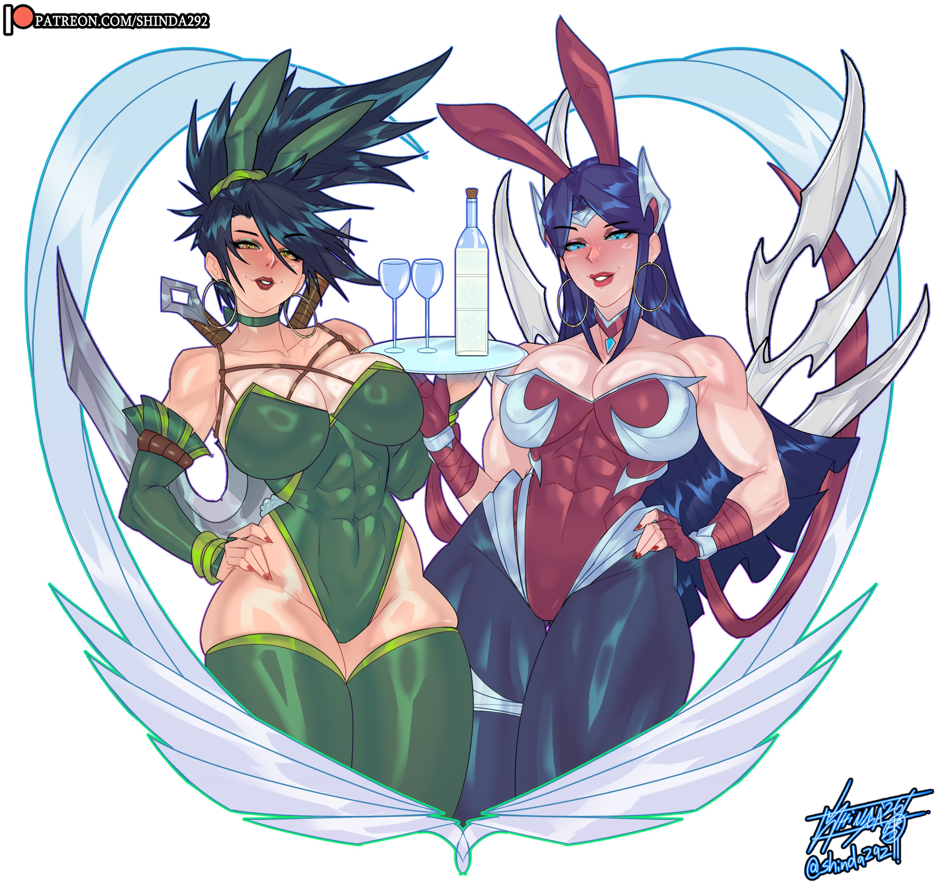 2girls, abs, abs visible through clothing, akali, akali jhomen tethi, athletic, athletic female, big breasts, blue eyes, bodysuit, breasts, bunny costume, bunny ears headband, bunny tail, bunnysuit, commission, dark hair, female, female abs, female only, heart-shaped pupils, hi res, highres, holding tray, hoop earrings, hoop earrings oversized, huge thighs, irelia xan, league of legends, legs together, long hair, looking at viewer, muscular, muscular arms, muscular female, muscular shoulders, purple hair, riot games, shinda292, simple background, smiling at viewer, thick thighs, thigh gap, thighhighs, tray, white background, wine bottle, wine glass, yellow eyes