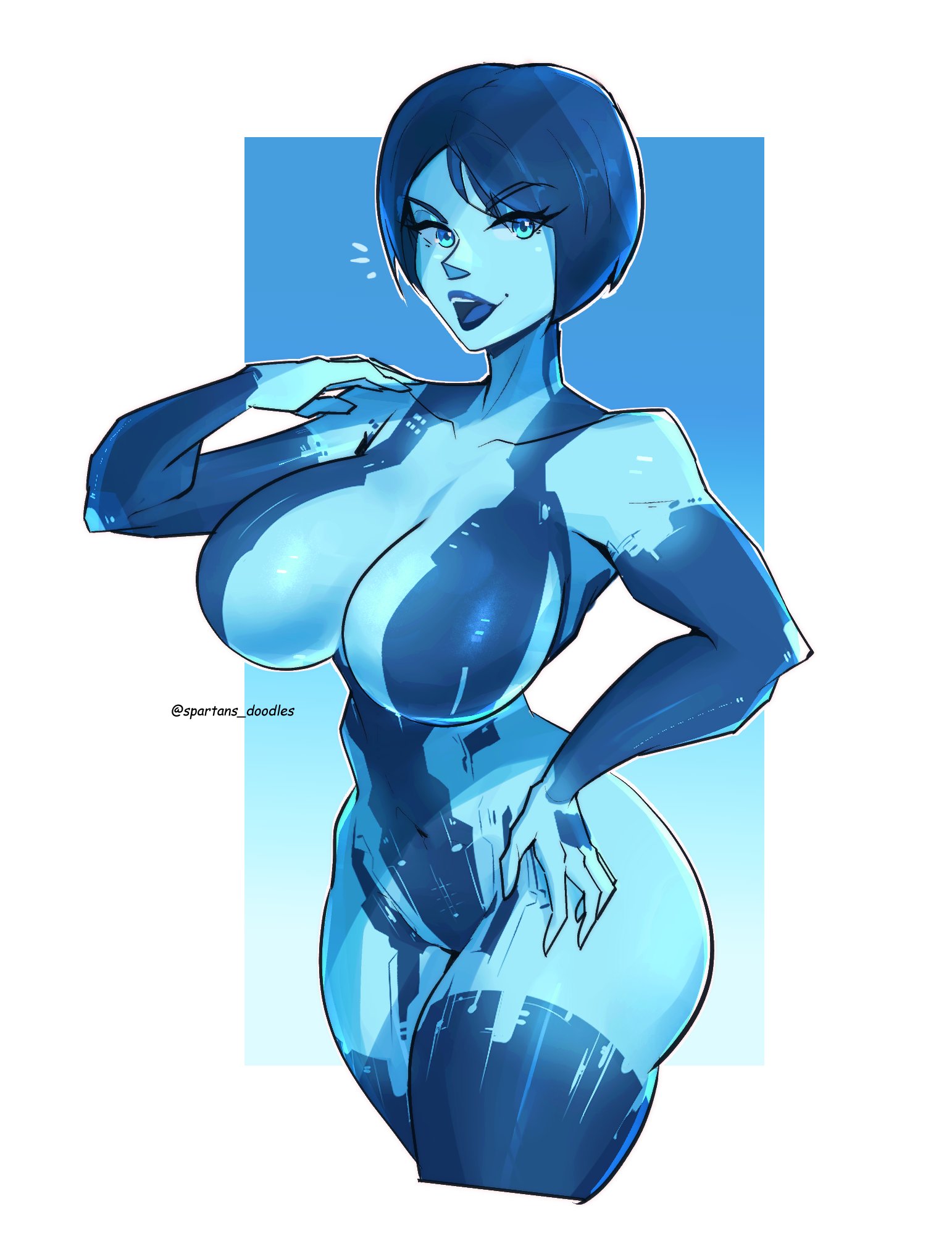 artificial intelligence, big ass, big boobs, big breasts, big butt, big thighs, blue background, blue body, blue eyes, blue hair, blue skin, cortana, halo, halo (game), halo (series), halo 4, hand on hip, looking at viewer, spartandoodles, talking to viewer, thick, thick ass, white background