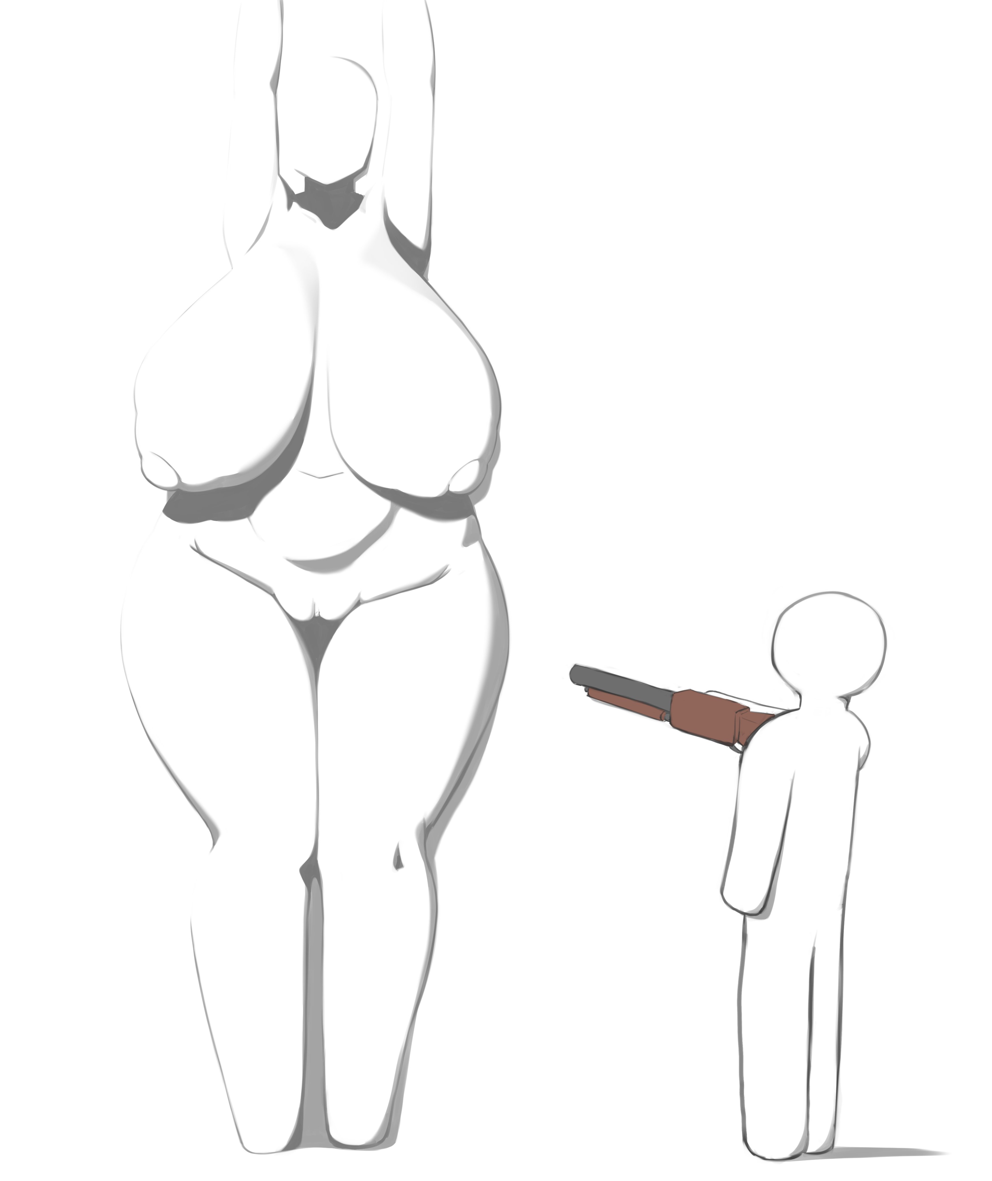 1boy, 1girls, bald, belly, curvy, gun, huge breasts, k dhen, meccha chameleon, nipples, nude, puffy nipples, pussy, sagging breasts, shotgun, simple background, smaller male, thick, thick thighs, white background, wide hips