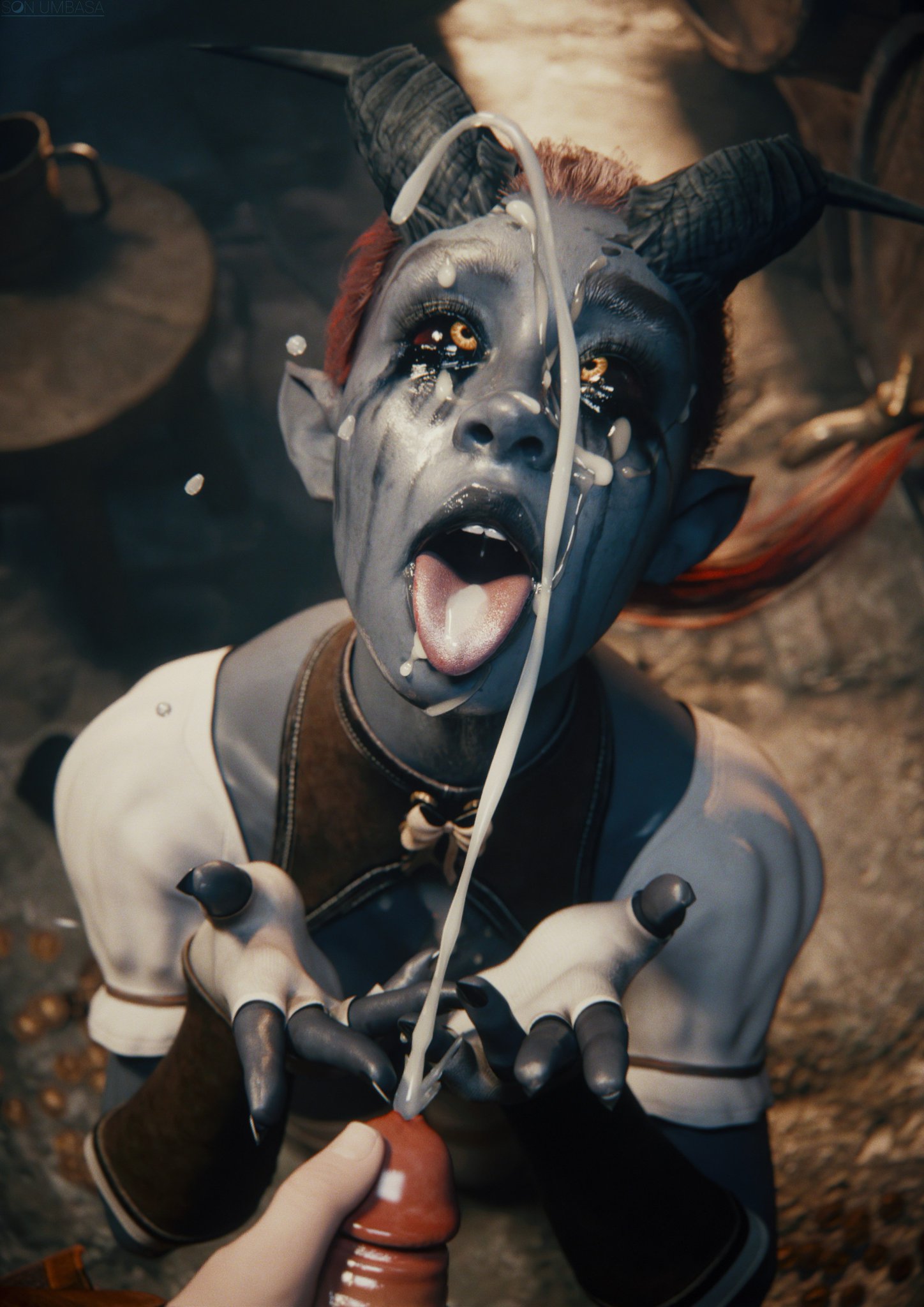 1boy, 1girls, 3d, after fellatio, after oral, awaiting cum, baldur's gate 3, black nails, black sclera, blue skin, boob window, cleavage, cum in air, cum in mouth, cum on face, cum on tongue, cumshot, cupping hands, detailed background, dungeons and dragons, facial, female, fingerless gloves, gloves, glowing eyes, hetero, horns, kneeling, lakrissa, light skin, light-skinned male, long fingernails, long hair, long nails, looking at viewer, looking up, looking up at viewer, makeup, makeup running, male, male/female, mascara tears, medium breasts, mouth open, orange eyes, penis, pointy ears, ponytail, projectile cum, red hair, ruined makeup, sharp fingernails, sharp nails, son umbasa, straight, tail, tavern, tavern background, tiefling