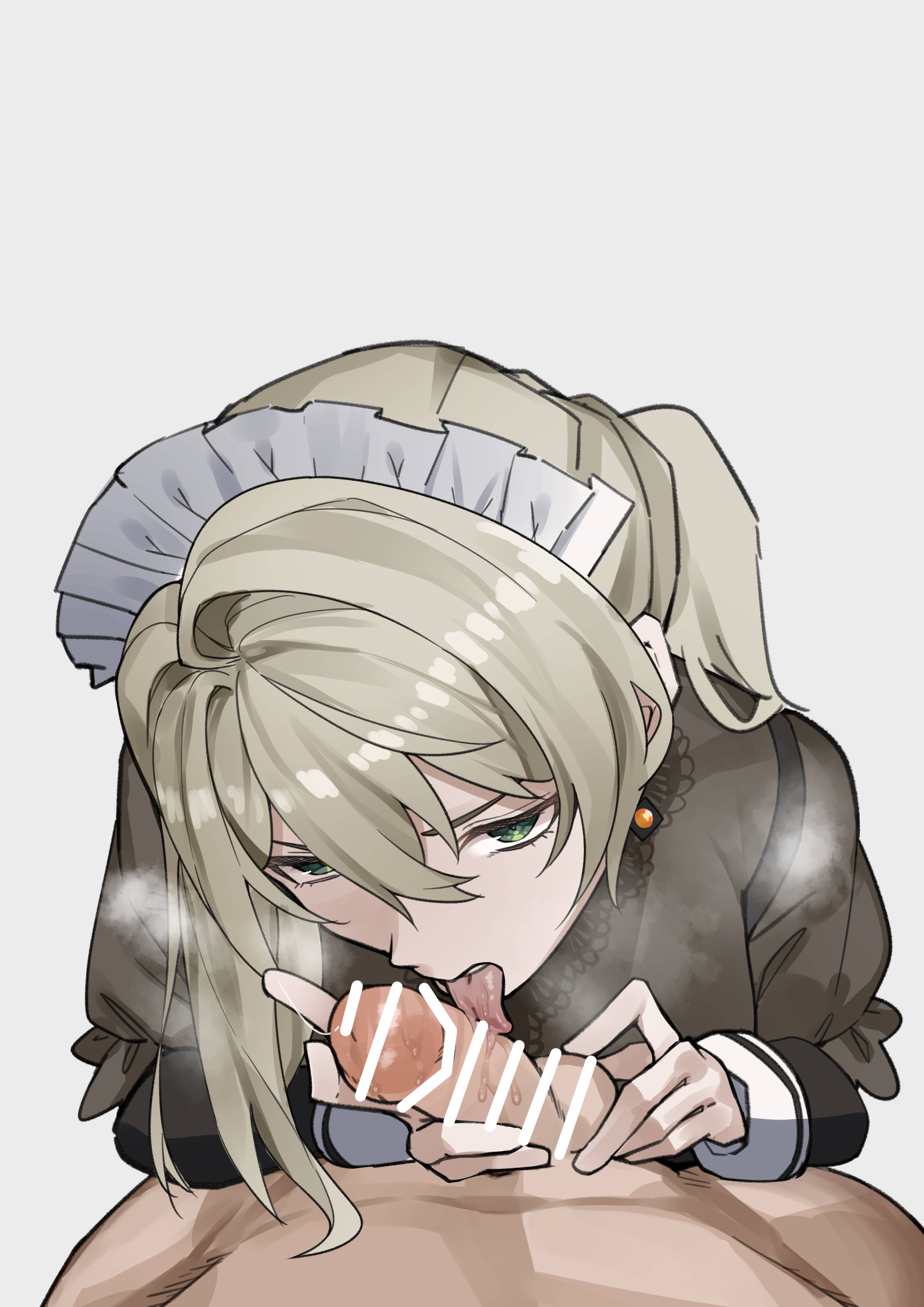 1boy, 1girls, bar censor, blonde hair, bodystocking, censor bar, censored, clothed female nude male, female, from above, girls' frontline, girls' frontline 2: exilium, green eyes, holding penis, licking, licking penis, long hair, looking at viewer, maid, maid headdress, male, open mouth, oral, oral sex, paid reward available, penis, ringobatake, sextans (girls' frontline 2), sextans (nocte bewitchment) (girls' frontline 2), steam, steamy breath, tongue, tongue out, viewed from above
