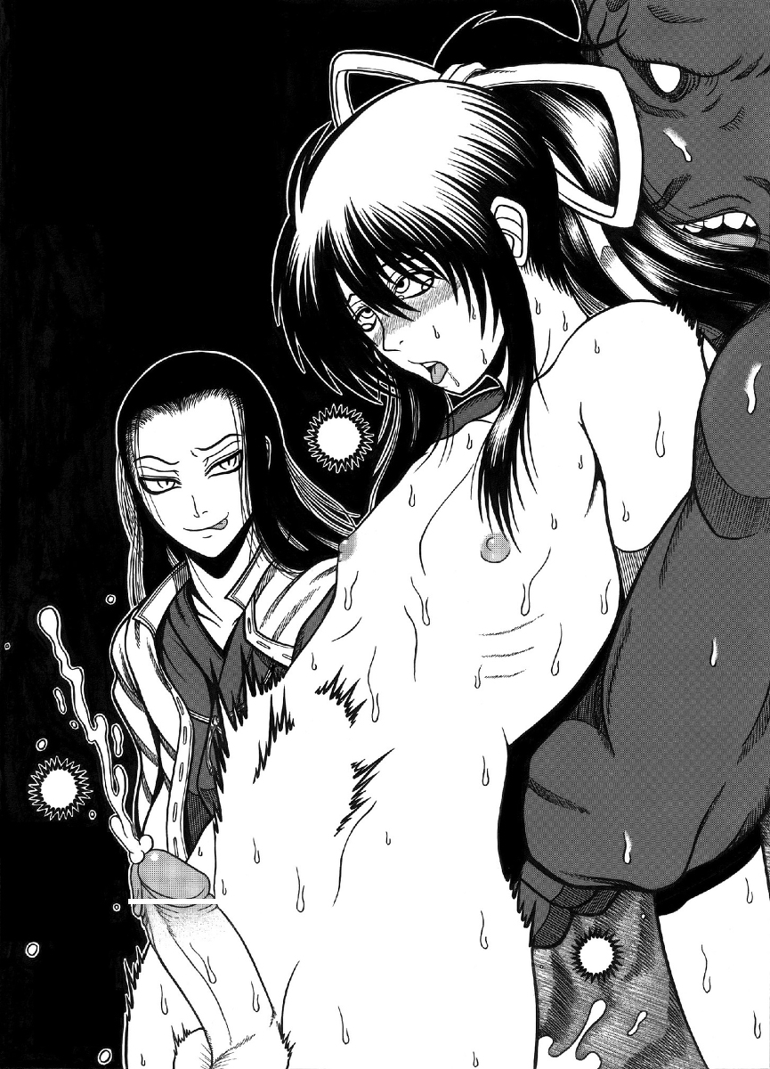 ahe_gao anal artist_request black_hair censored cum demon drifters ejaculation femboy long_hair male_only mind_break monochrome multiple_boys nasu_no_yoichi nipples nude penis ponytail short_hair tied_hair yaoi