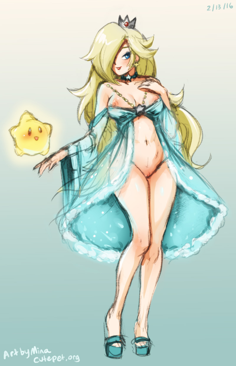 2016, artist name, blonde hair, blue eyes, breasts, crown, earrings, female, hair over one eye, inverted nipples, jewelry, lips, long hair, luma, mario (series), minacream, navel, necklace, nintendo, princess rosalina, pussy, simple background, super mario galaxy