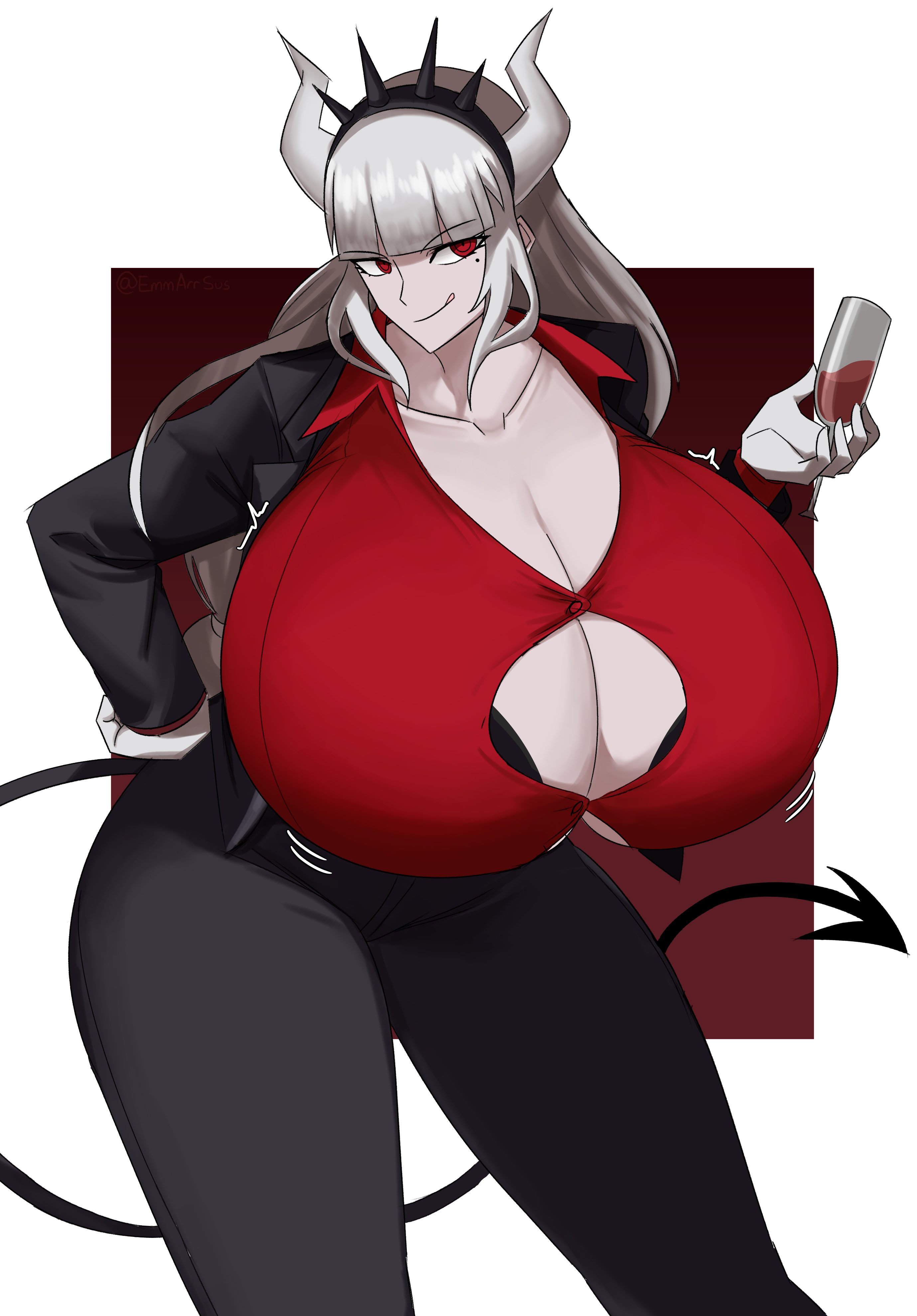 1girls, bangs, big breasts, blunt bangs, breasts, breasts bigger than head, busty, cleavage, clothed, clothing, collarbone, demon girl, demon horns, demon tail, emmarrgus, eyebrows, eyebrows visible through hair, eyelashes, female, female focus, female only, gigantic breasts, hand on hip, helltaker, horns, huge breasts, large breasts, licking lips, light skin, light-skinned female, long hair, lucifer (helltaker), mole, mole under eye, red eyes, simple background, solo, solo female, solo focus, tail, thick thighs, thighs, top heavy, top heavy breasts, white hair, wine