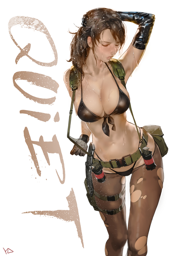 arm up, bikini, breasts, cleavage, closed eyes, female, grenade, hips, hourglass, knife, large breasts, long gloves, metal gear solid, metal gear solid v, pantyhose, pulling, quiet (metal gear), signature, simple background, solo, suspenders, thigh gap, thong, torn clothes, torn pantyhose, water, weapon, wet, white background, yd (orange maru)