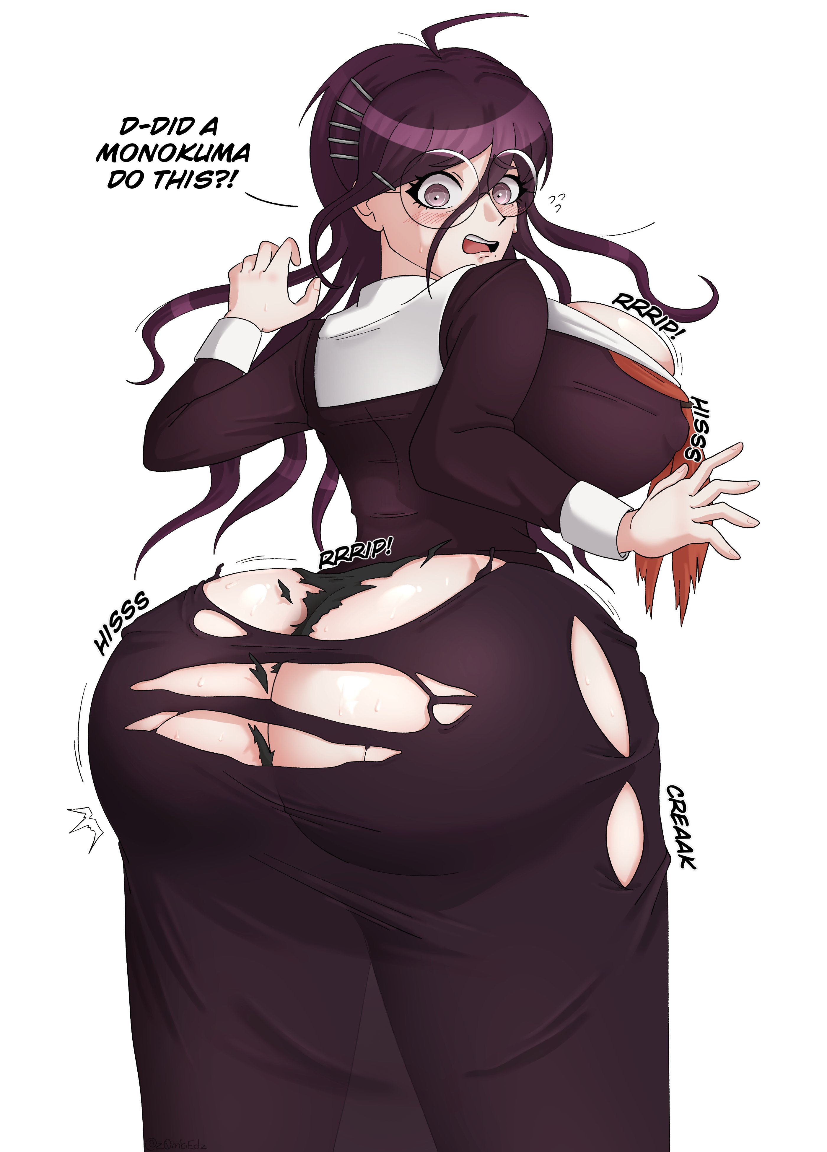 1girls, ass, big ass, big breasts, breasts, danganronpa, danganronpa ultra despair girls, danganronpa: trigger happy havoc, from behind, fukawa touko, glasses, huge ass, huge breasts, large breasts, long hair, long sleeves, looking at viewer, looking back, purple eyes, purple hair, solo, tearing clothes, torn clothes, torn dress, torn legwear, torn shirt, torn skirt, white background, z0mbedz
