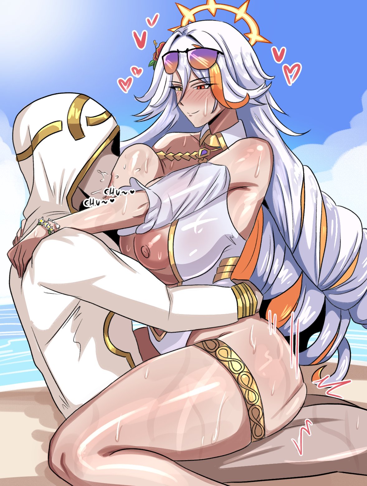1boy, 1girls, baldr (fire emblem heroes), beach, big breasts, blush, blush lines, blushing, breast sucking, breasts, dominant female, faceless male, female, female focus, female on top, femdom, fire emblem, fire emblem heroes, grayside, hearts around head, hi res, intelligent systems, intercourse, kiran (fire emblem), kiran (fire emblem) (male), male, male/female, multicolored hair, nipple piercing, nipples, official alternate costume, sex, sound effects, straight, straight sex, submissive male, summoner (fire emblem heroes), sweat, sweatdrop, sweating, white hair