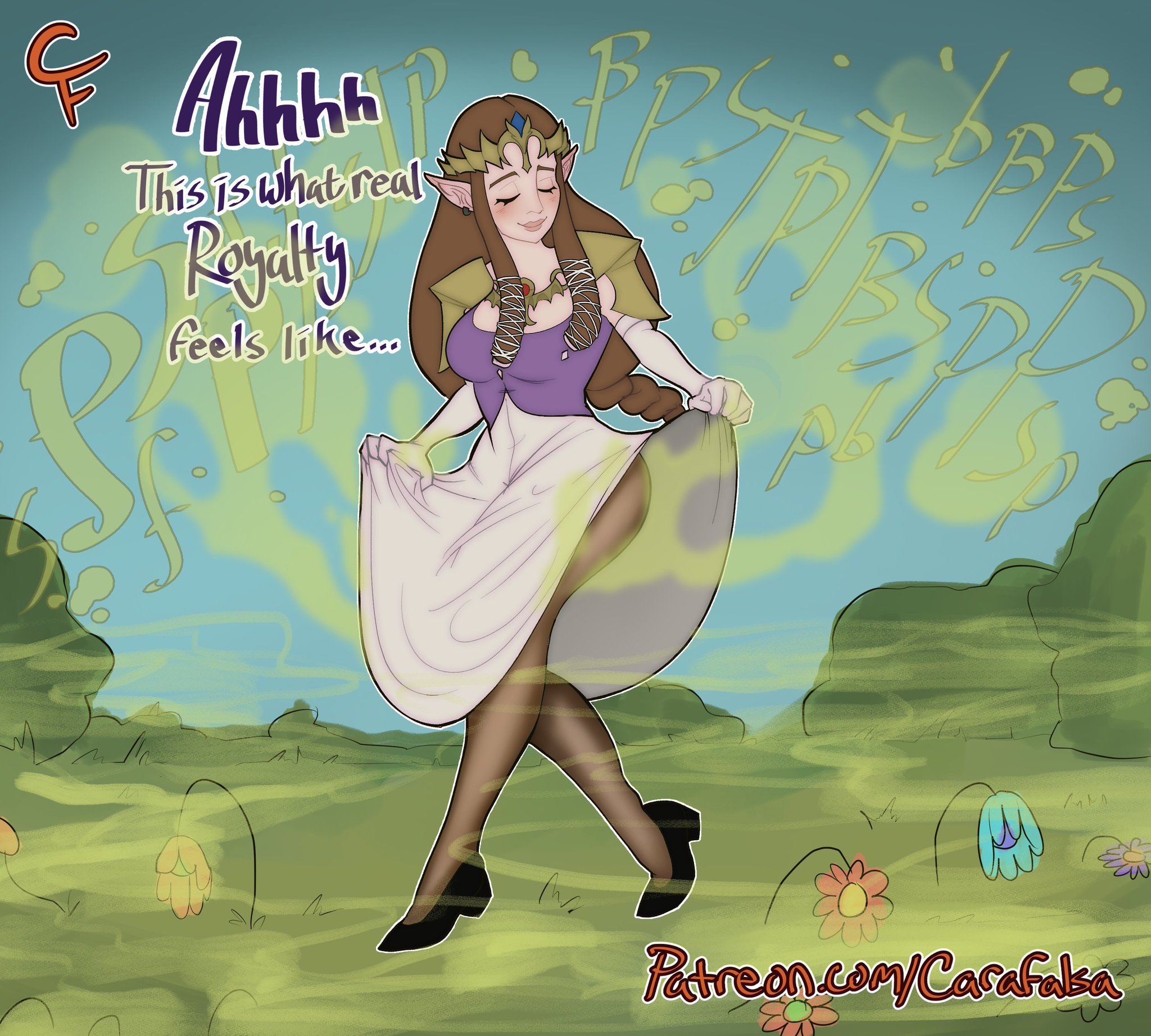 carafalsa, english text, fart, fart cloud, fart fetish, farting, female, nintendo, princess zelda, the legend of zelda, twilight princess, wilting flowers, wilting plants, zelda (twilight princess)