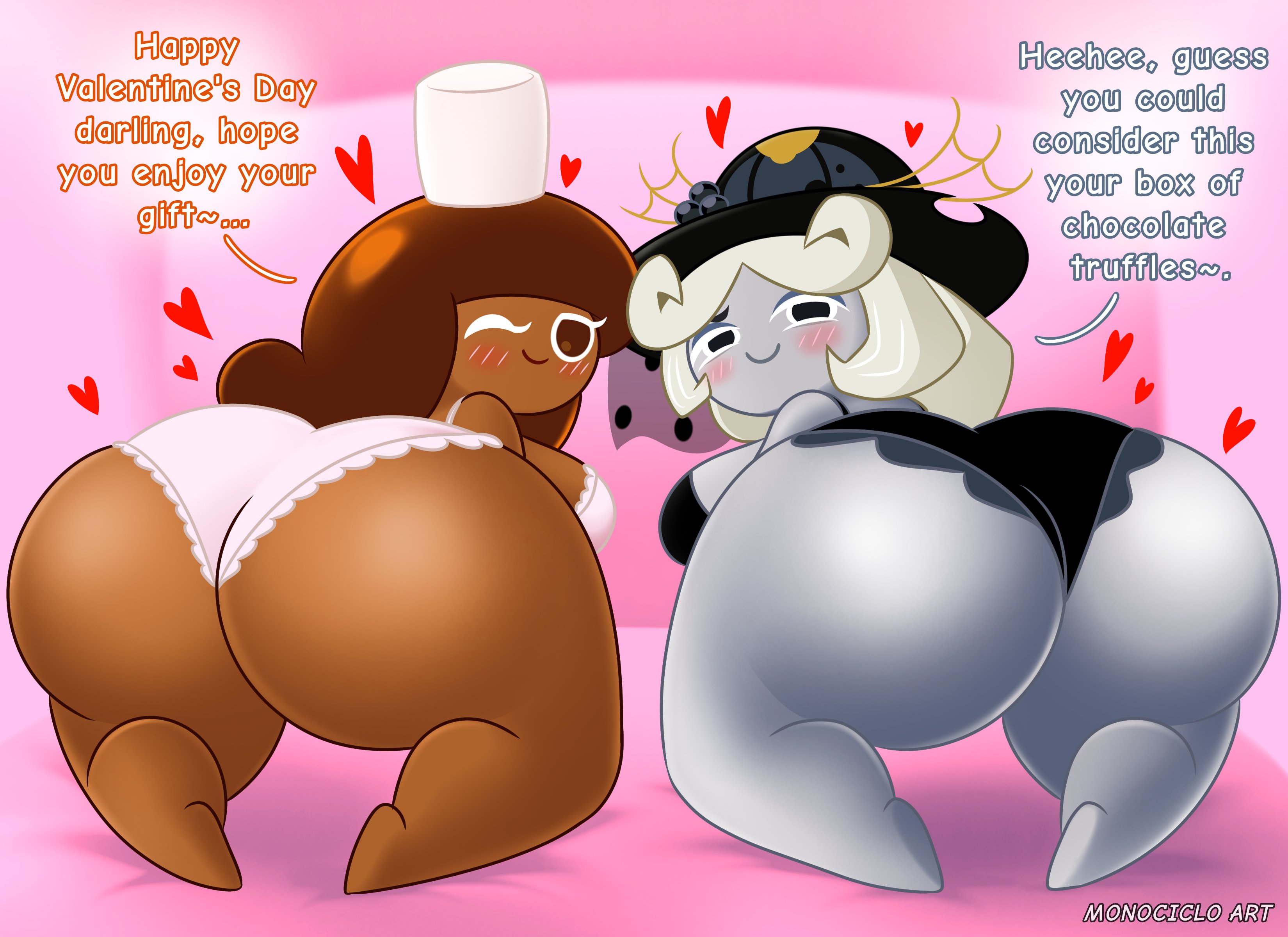 2025, 2girls, ass, ass focus, barefoot, blush, bra, clothed, cocoa cookie, commission, cookie run, cookie run ovenbreak, dark-skinned female, dialogue, grey body, hat, looking at viewer, monociclo art, on bed, panties, talking to viewer, truffle cookie, valentine's day
