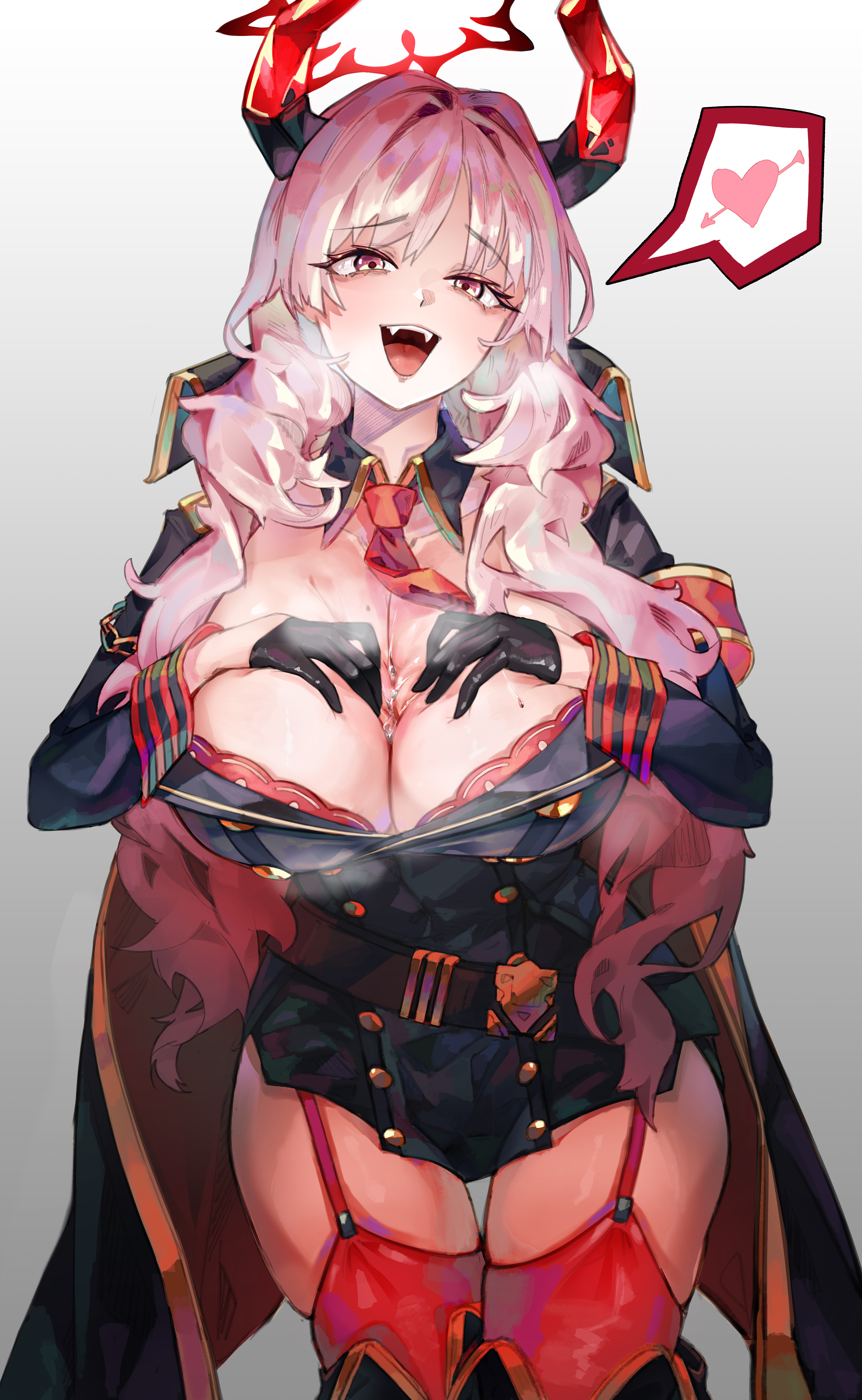 1girls, absurdres, blue archive, breasts, coat, coat on shoulders, demon girl, demon horns, fangs, female, garter straps, halo, heart, highres, horns, hypnosis, large breasts, long hair, looking at viewer, mind control, miwerjooggetser, paizuri invitation, pink eyes, pink hair, red thighhighs, satsuki (blue archive), simple background, solo, spread cleavage, standing, thighhighs, thighs, tusks