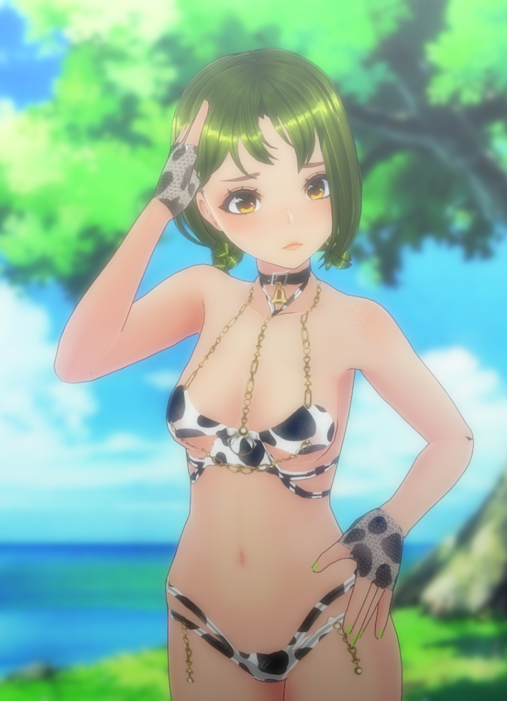 3d bell bell_collar bikini bikini_top brown_eyes chains colombian cow_bikini cow_print_bikini ear_piercing earrings female female_focus fingerless_gloves flat_chest green_hair green_nails hand_on_head hand_on_hip hispanic hispanic_virtual_youtuber latam_virtual_youtuber light-skinned_female light_skin micro_bikini official_art outdoors outside ryumi ryumivt short_hair small_breasts swimsuit twitch twitch.tv two_piece_swimsuit virtual_youtuber vtuber yellow_eyes youtube youtube_hispanic