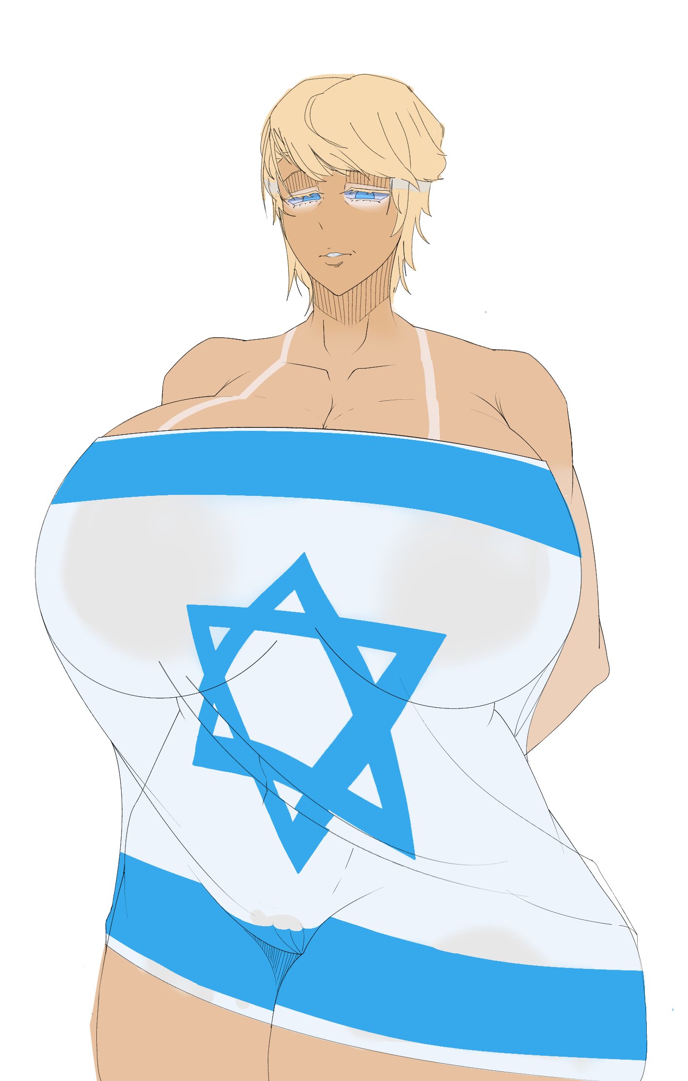 1girl, 1girls, big boobs, big breasts, blonde hair, blue eyes, cameltoe, donald trump, flag, genderswap (mtf), gigantic breasts, highres, huge breasts, israel, israeli, israeli flag, large breasts, looking at viewer, massive breasts, parted lips, politics, real person, rule 63, see-through, sharkgirlslover, short hair, tan body, tanline, thick thighs, tuff, very short hair, wide hips