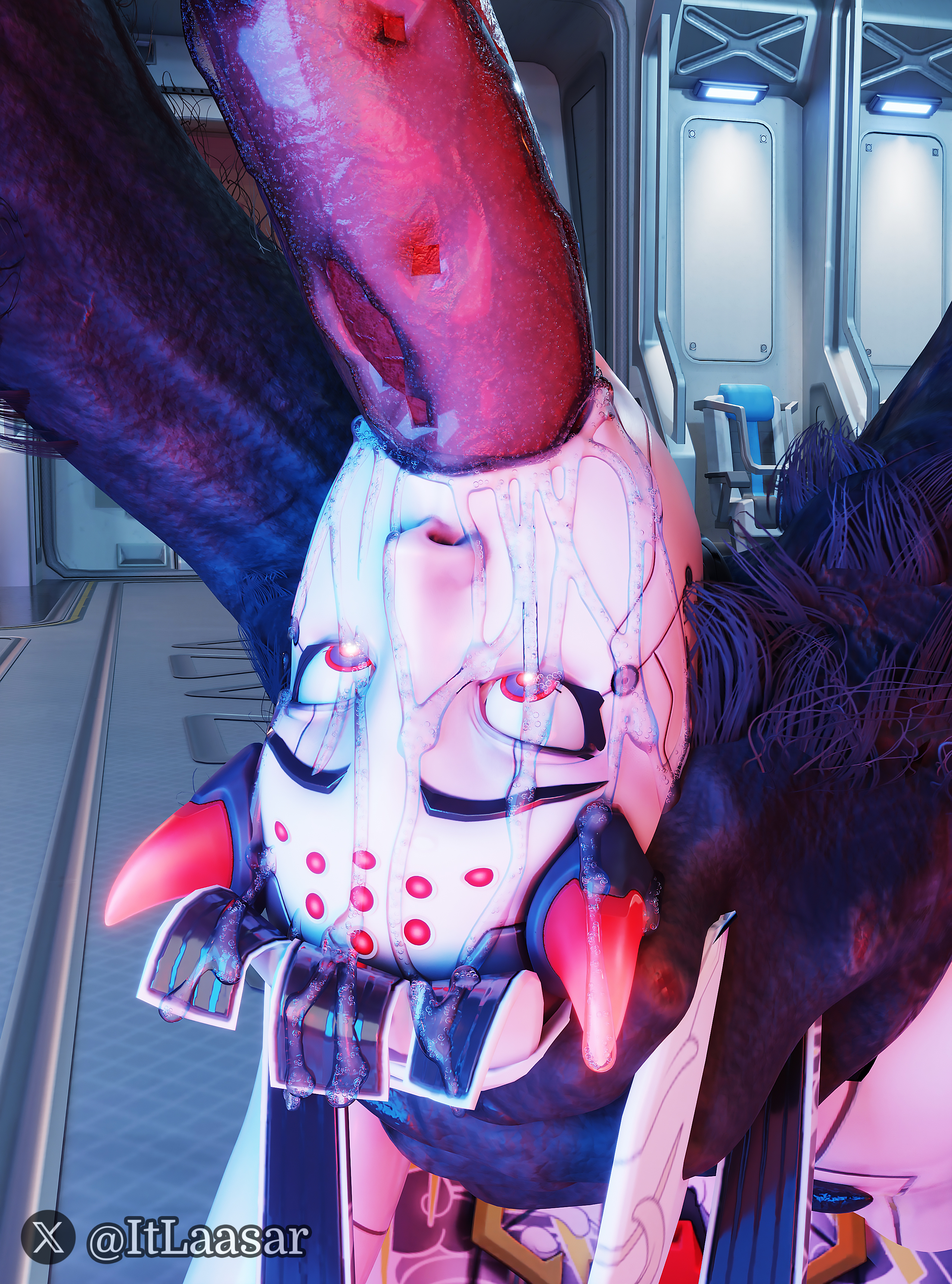 1boy, 1girls, 1monster, 3d, animal genitalia, big breasts, big butt, big penis, black lips, black lipstick, blender, blizzard entertainment, boobjob, boobs, canid, canine, canine penis, canis, close up, cyborg, cyborg girl, exited, eyes open, female, female human, female on monster, grabbing neck, hair, horns, humanoid, humanoid on male, itlaasar, knot, knotted penis, large ass, large penis, looking at partner, looking at penis, looking at viewer, male, male dominating female, male domination, male/female, monster, monster cock, monster on female, on the floor, on the ground, oral, oral penetration, oral sex, overwatch, overwatch 2, red eyes, robot, robot anthro, robot girl, robot humanoid, saliva, shion (overwatch), tagme, throat fuck, throat penetration, tongue out, werewolf, wolf