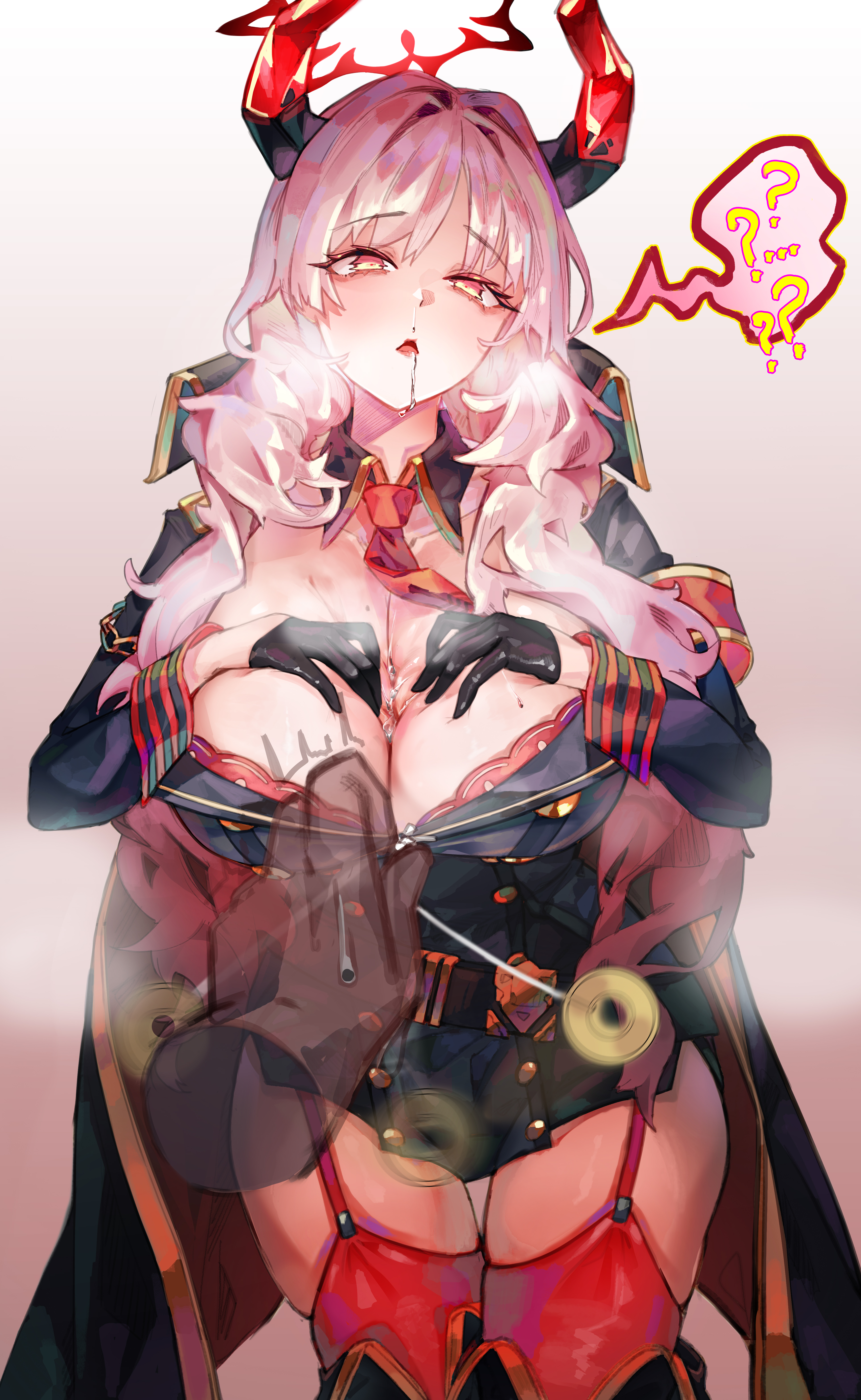 1girls, absurdres, black gloves, blue archive, bra, bra peek, breasts, coat, coat on shoulders, coin, coin on string, demon girl, demon horns, fangs, female, garter straps, gloves, half gloves, halo, highres, horns, hypnosis, large breasts, long hair, looking at viewer, mind control, miwerjooggetser, pink eyes, pink hair, red bra, red thighhighs, satsuki (blue archive), simple background, solo, standing, thighhighs, thighs, tusks