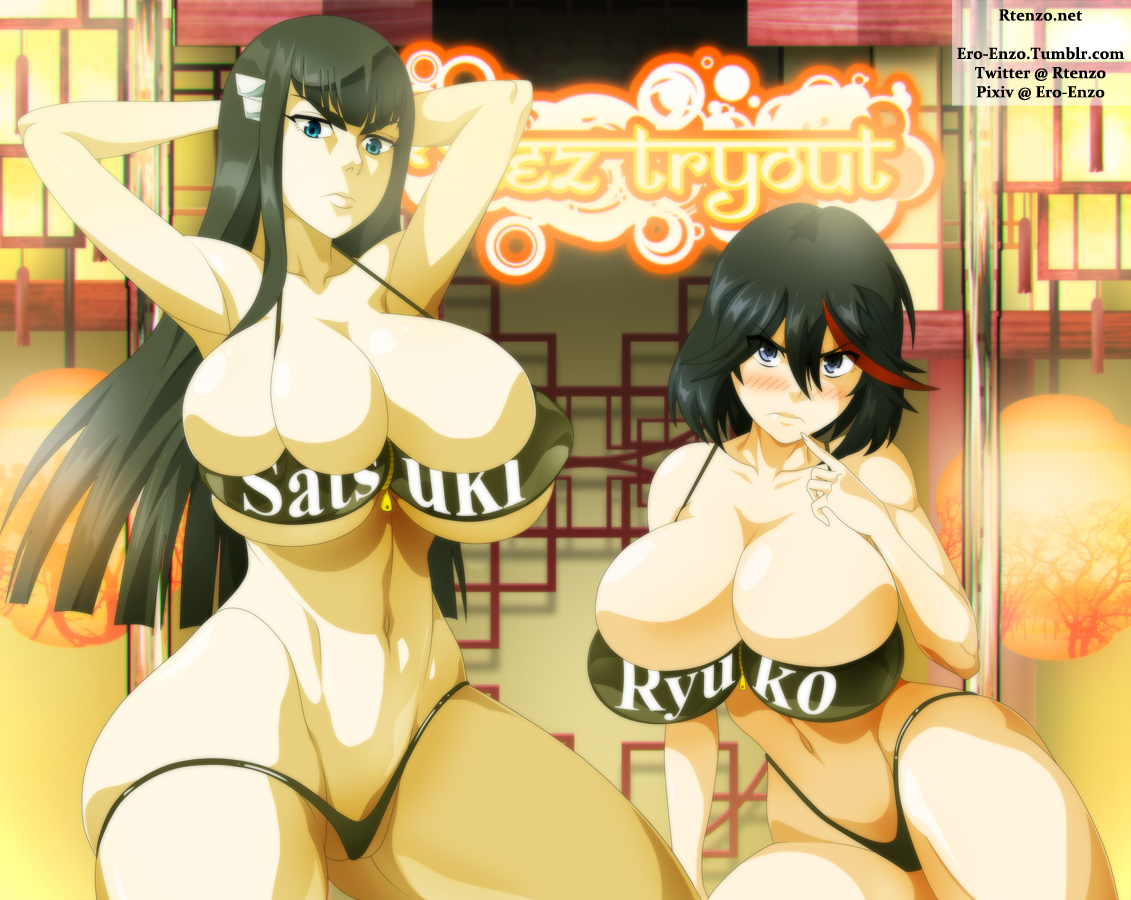 2girls, ass, bikini, bimbo, black hair, blue eyes, blush, breasts, busty, cleavage, ero-enzo, female, hourglass figure, huge ass, huge breasts, kill la kill, kiryuuin satsuki, matoi ryuuko, multiple females, multiple girls, presenting, red hair, rtenzo, siblings, sisters, stripper pole, thick, thick thighs, two-tone hair, voluptuous, wide hips