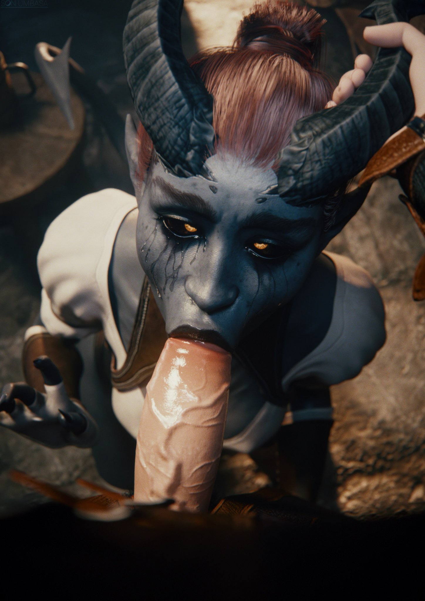 1boy, 1girls, 3d, baldur's gate 3, black nails, black sclera, blowjob, blue skin, boob window, cleavage, detailed background, dungeons and dragons, eyes rolling back, fellatio, female, fingerless gloves, gloves, glowing eyes, hetero, horn grab, horns, kneeling, lakrissa, light skin, light-skinned male, long fingernails, long hair, long nails, looking at viewer, looking up, looking up at viewer, male, male/female, medium breasts, oral, oral penetration, oral sex, orange eyes, penis, pointy ears, ponytail, red hair, sharp fingernails, sharp nails, son umbasa, straight, tail, tavern, tavern background, tears, tiefling