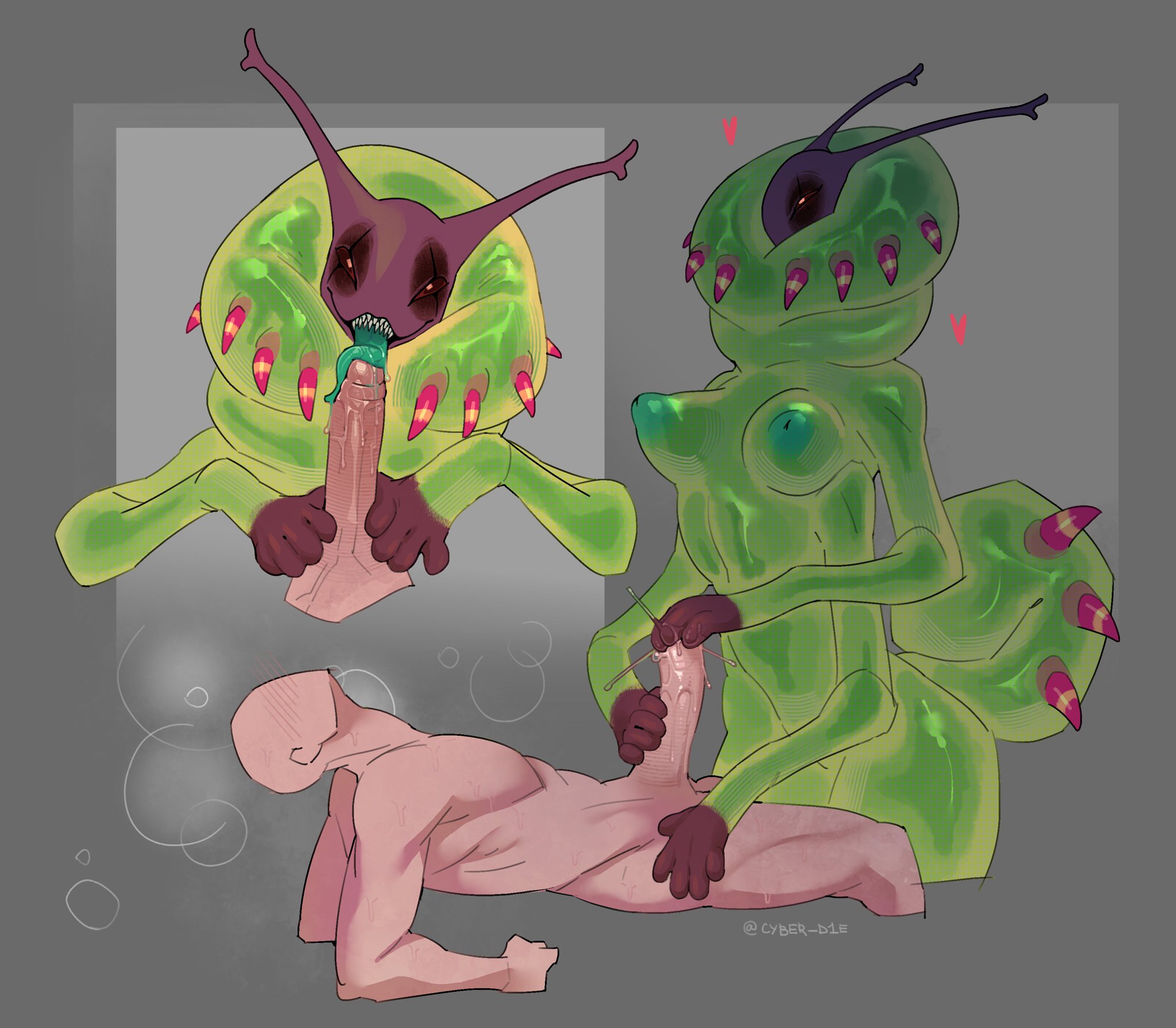 1boy, 1girls, 4 arms, arthropod, blowjob, bug girl, cyber d1e, eye contact, female, handjob, long tongue, male, male/female, oral, oral sex, original character, sex, size difference