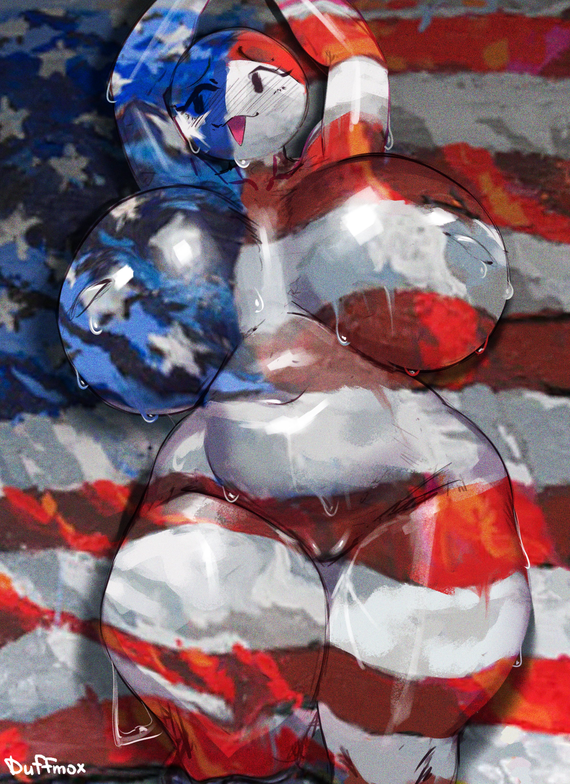 1girls, 4th of july, american flag, belly, camouflage, curvy, duffmox, female, female only, huge breasts, inverted nipples, meccha chameleon, mob face, navel, nervous, nude, plump, sagging breasts, signature, simple eyes, solo, sweatdrop, thick, thick thighs