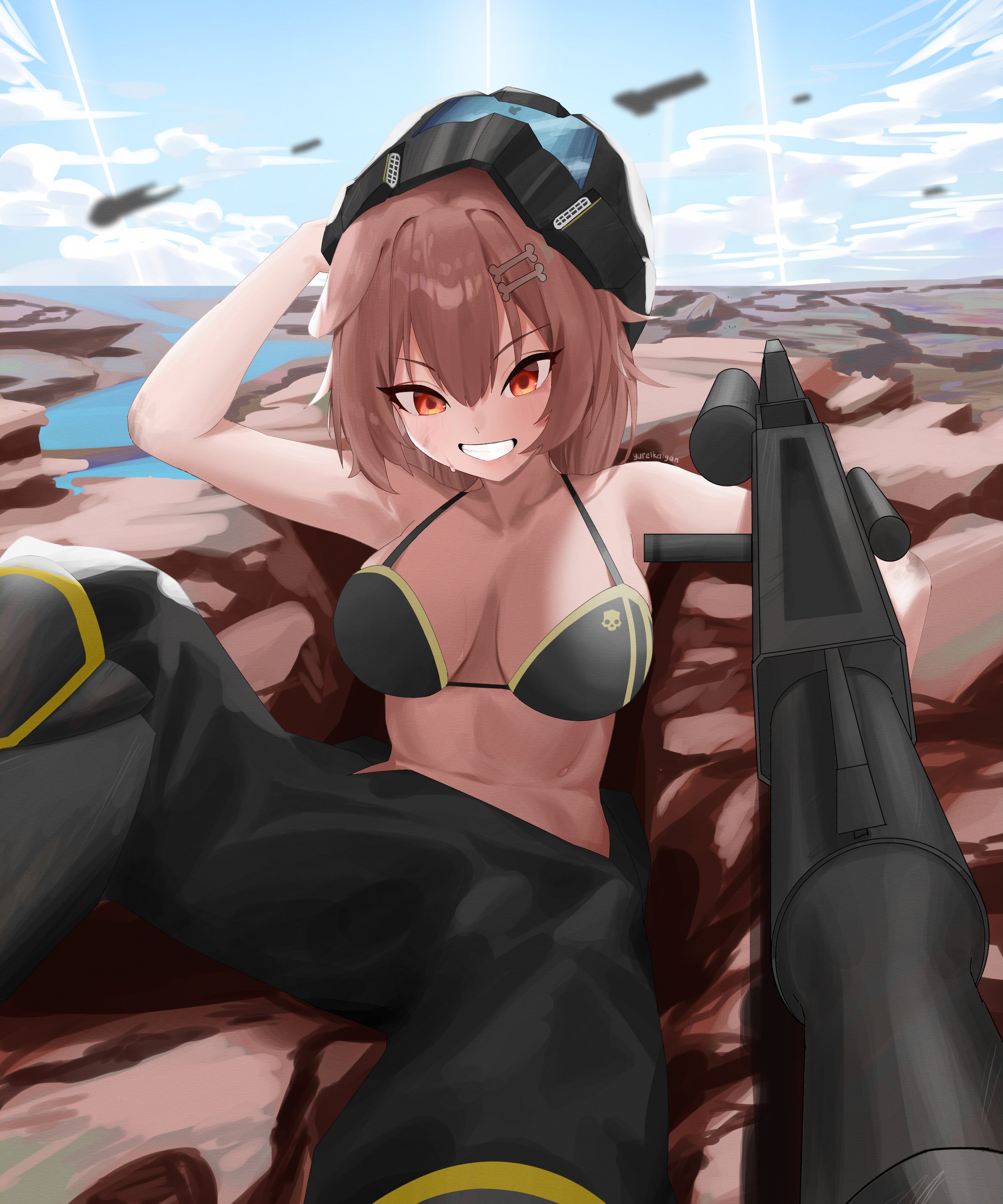 1girls, big breasts, black bra, black helmet, black pants, bra, breasts, brown hair, brown-haired female, female, female only, grin, gun, helldivers (series), helldivers 2, helmet, helmet removed, hi res, hololive, hololive japan, inugami korone, large breasts, light skin, light-skinned female, medium hair, medium-haired female, navel, no shirt, orange eyes, orange-eyed female, pants, sitting, sitting on ground, solo, teeth, teeth showing, virtual youtuber, yureikaigan