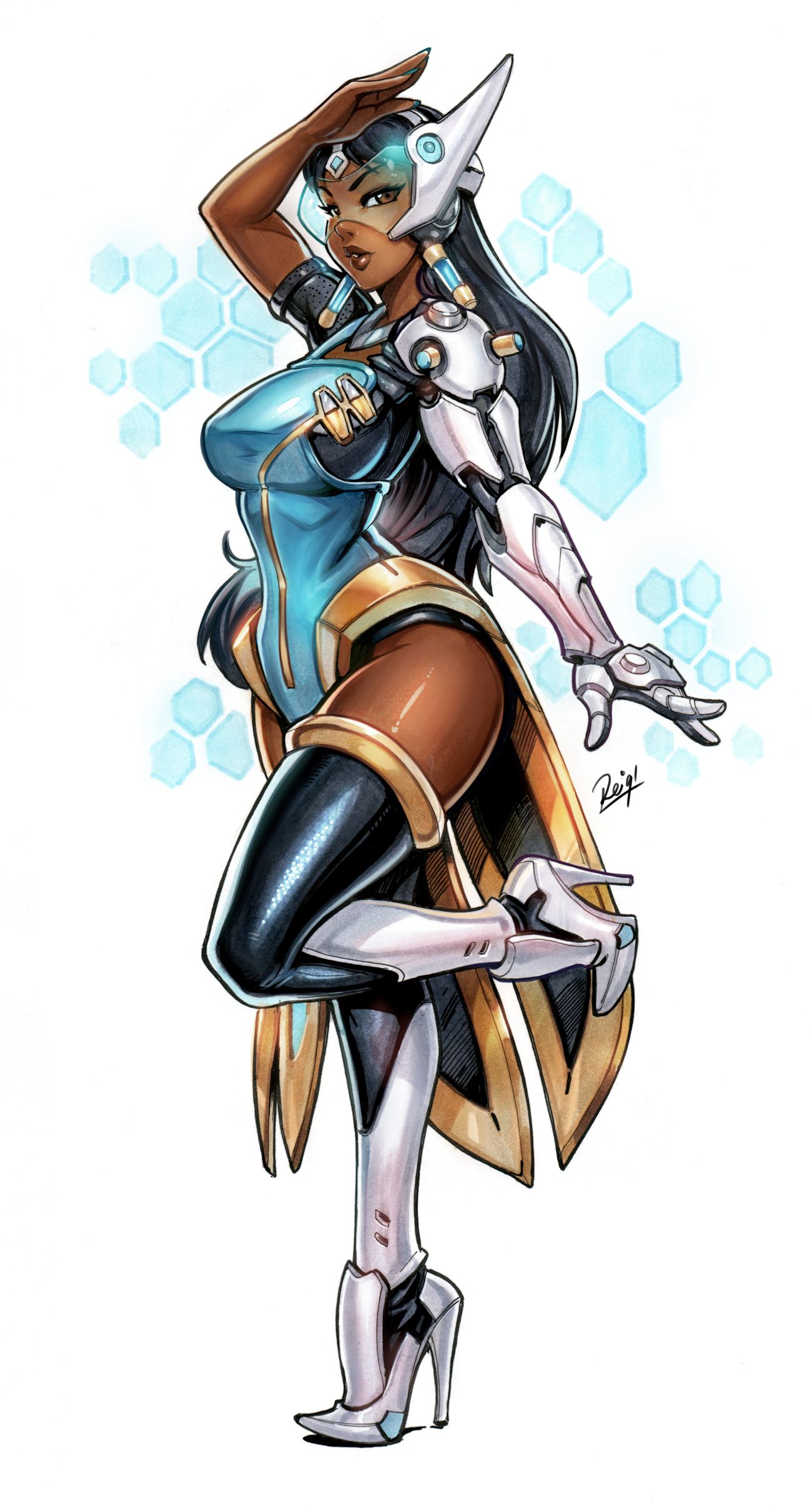 1girls, 2d, brown eyes, cybernetic arm, dark skin, dark-skinned female, female, female only, high heel boots, indian, long hair, looking at viewer, mechanical arm, overwatch, painted nails, reiq, solo, standing on one leg, symmetra, tagme, thigh boots, visor