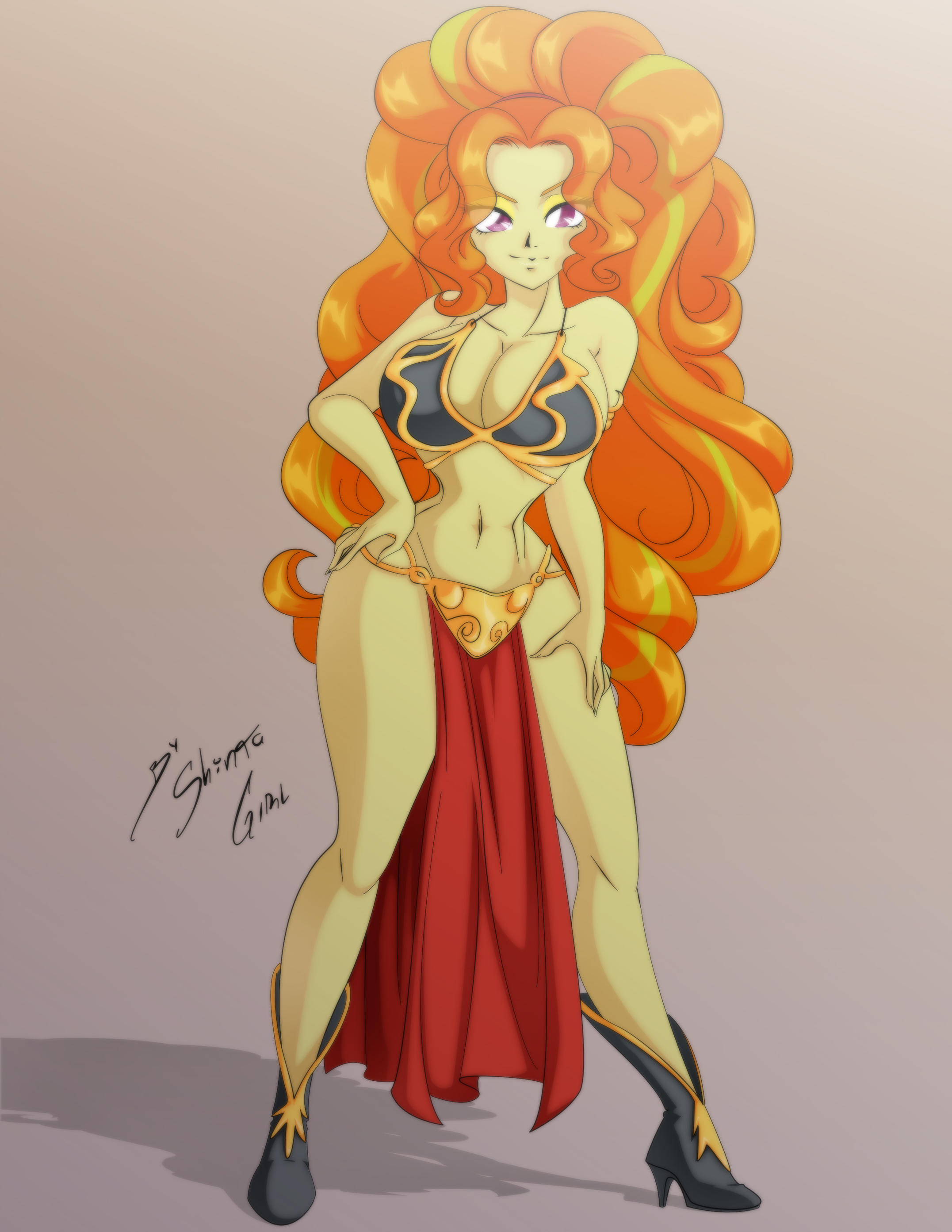 adagio dazzle, bare shoulders, belly, belly dancer, belly dancer outfit, big hair, boots, breasts, cleavage, cosplay, crossover cosplay, dancer, dancer outfit, equestria girls, female, female only, femsub, friendship is magic, hands on thighs, harem girl, harem outfit, high heel boots, huge breasts, loincloth, long hair, my little pony, orange hair, purple eyes, shinta-girl, slave, slave bikini, slave leia (cosplay), slave leia costume, slave outfit, star wars, thick thighs, voluptuous, yellow eyes, yellow skin