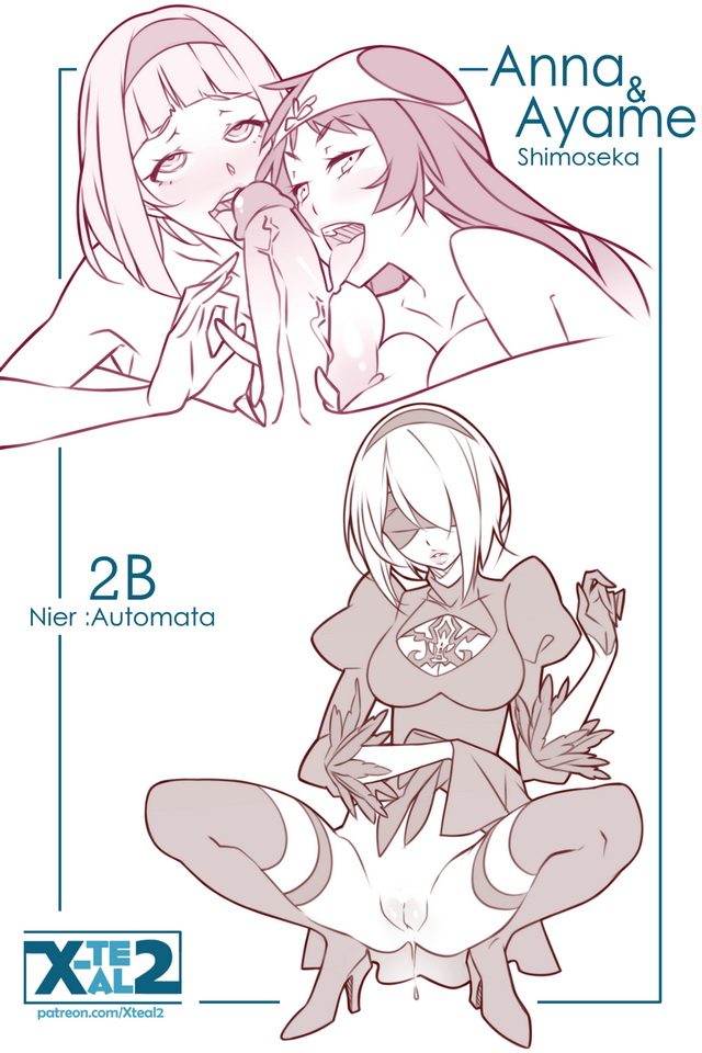 1boy 3girls anna_nishikinomiya blindfold breasts clothing collaborative_fellatio cooperative_fellatio double_fellatio fellatio female high_heel_boots high_heels kajou_ayame monochrome multiple_girls nier:_automata nier_(series) oral_sex penis shimoneta_to_iu_gainen_ga_sonzai_shinai_taikutsu_na_sekai spread_legs spreading tagme teamwork x-teal yorha_2b