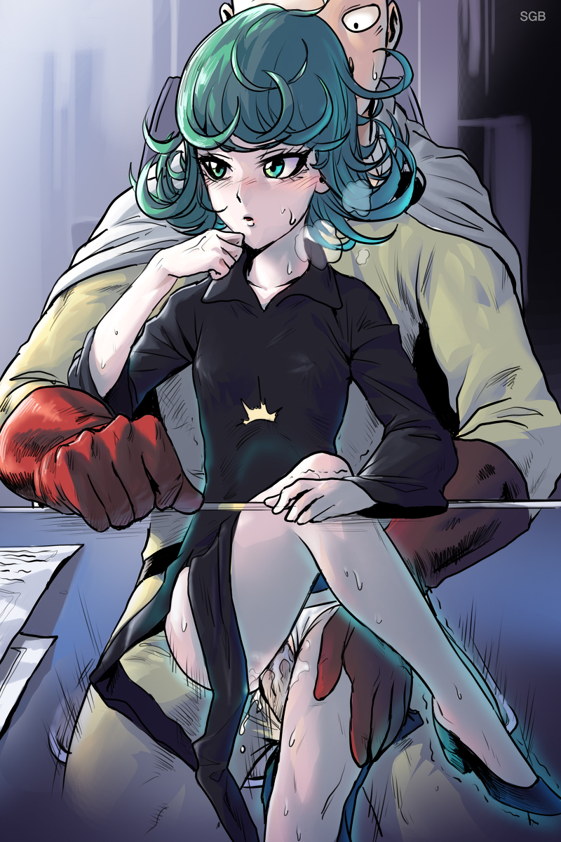 1boy, black dress, breasts, clothed sex, creampie, dress, female, green eyes, green hair, heels, high heels, male, one-punch man, panties, panties aside, penis, saitama, sex, sitting, small breasts, tatsumaki