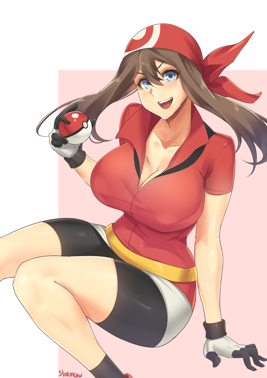 1girls, areolae, artist name, bad id, bag, belt, big breasts, bike shorts, blue eyes, breasts, brown hair, cleavage, female, female only, gloves, highres, hips, holding poke ball, human only, large breasts, long hair, looking at viewer, may (pokemon), multicolored, multicolored clothes, multicolored gloves, nintendo, poke ball, pokemon, pokemon rse, smile, solo, solo female, stormcow, thick, thick thighs, thighs, voluptuous, wide hips