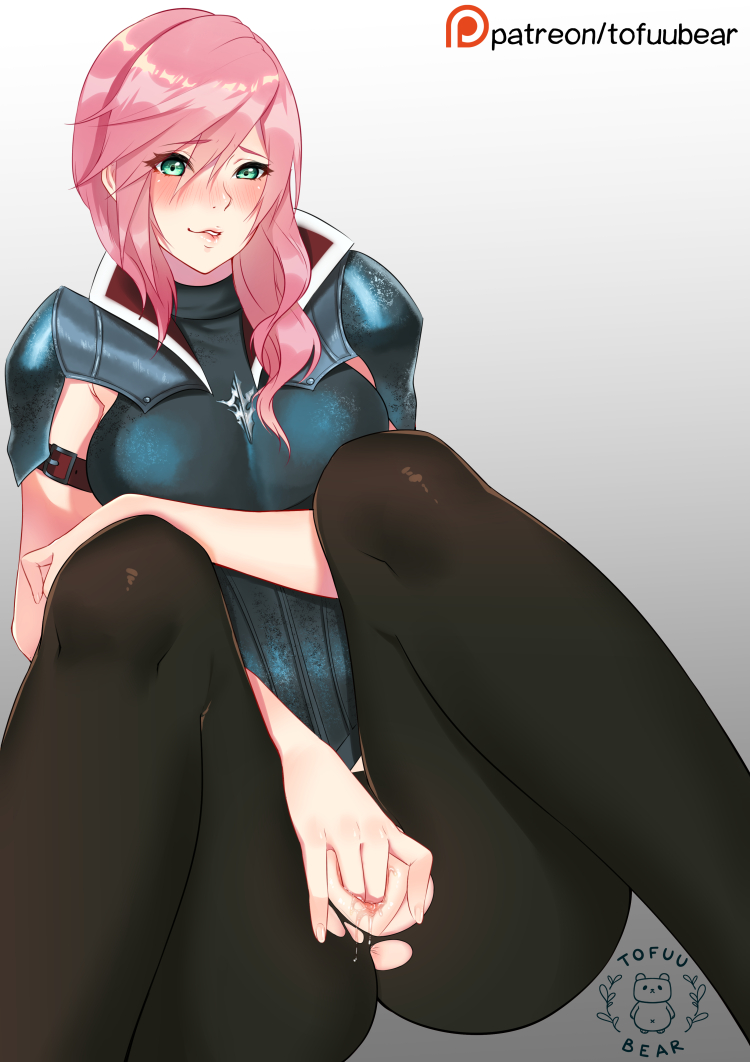 blush, eclair farron, female, female only, final fantasy, final fantasy xiii, looking at viewer, masturbation, pink hair, pussy, pussy juice, shaved pussy, solo, tofuubear, torn clothing