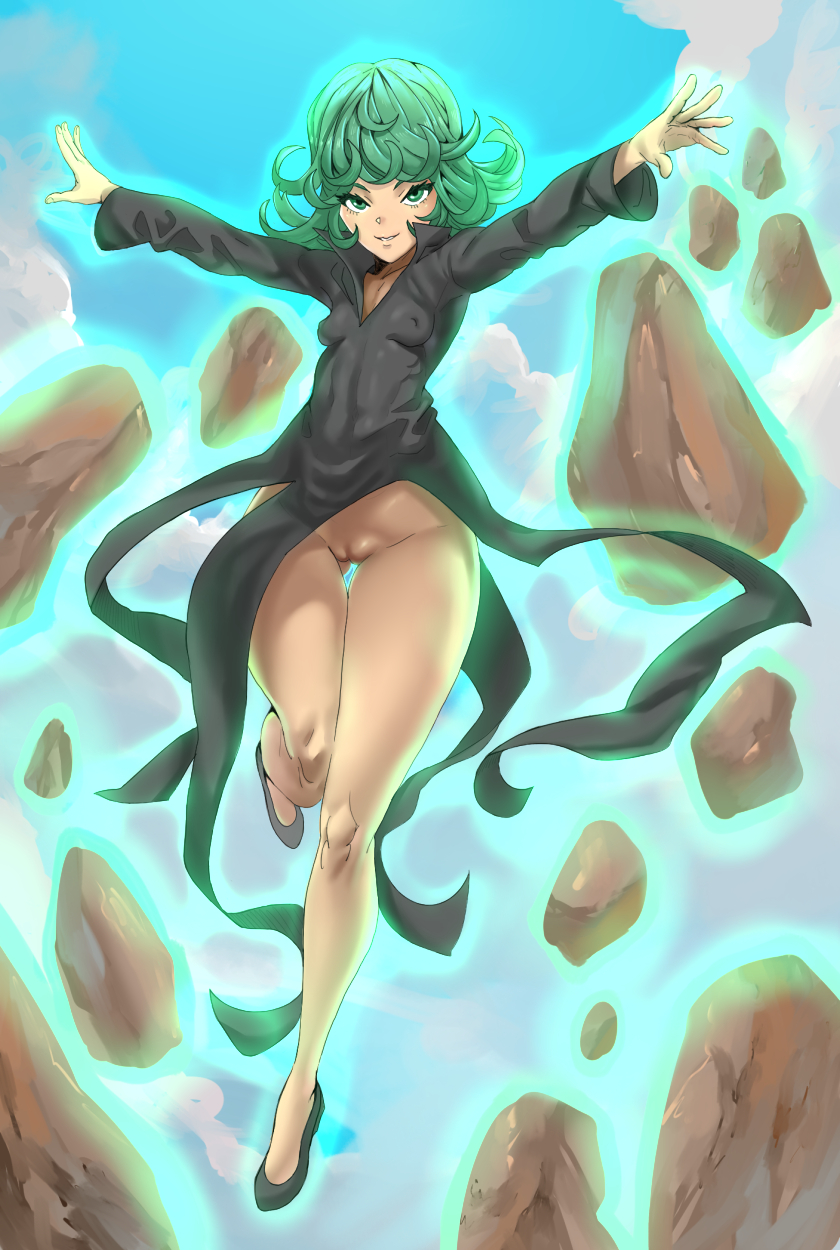 1girls bare_legs black_dress bottomless breasts curly_hair d1975 dress energy female female_only flats green_hair high_heels long_sleeves no_panties one-punch_man pelvic_curtain pelvic_curtain_aside pussy revealing_clothes short_hair skimpy skimpy_clothes sky small_breasts smile solo stones tatsumaki telekinesis uncensored