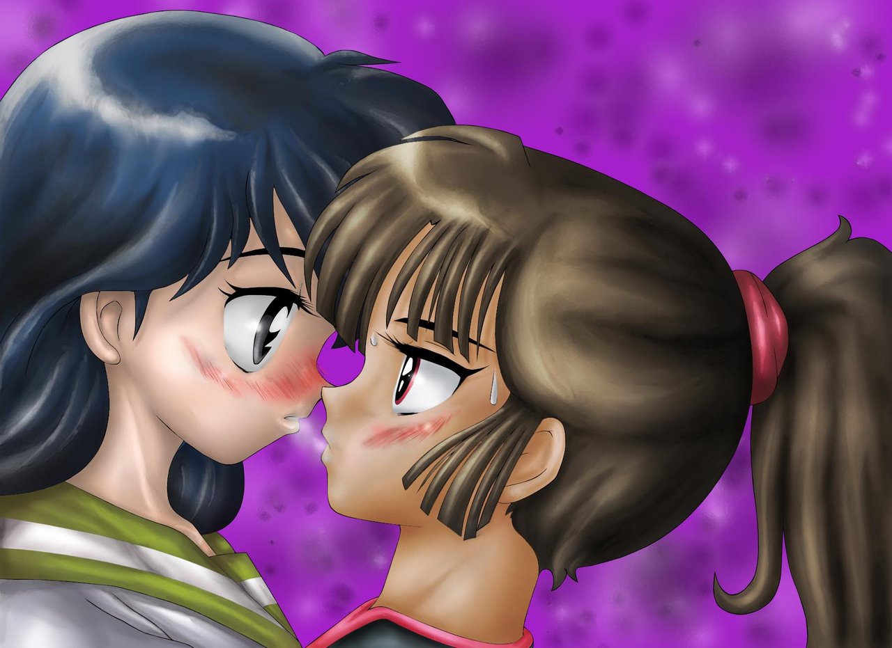 2girls artist_request black_hair blush brown_hair female female_only inuyasha kagome_higurashi multiple_girls ponytail sango sweat tied_hair yuri