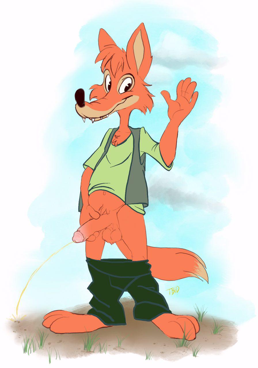 1boy anthro balls barefoot br'er_fox canine celestial clothed clothing disney erection flat_colors fox looking_at_viewer male male_only mammal navel pants_down partially_clothed peeing penis retracted_foreskin shirt smile solo song_of_the_south standing uncut urine vest waving