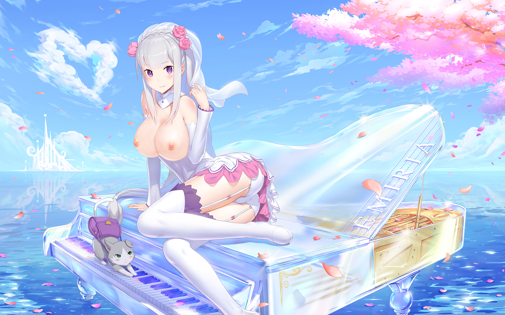 ass, background, backpack, big ass, big breasts, breasts, cameltoe, elf, elf ears, elf female, emilia (re:zero), feline, female, flower in hair, garter belt, heart, high res, high resolution, highres, miniskirt, nipples, ocean, panties, piano, pointy ears, puck (re:zero), purple eyes, pussy, re:zero kara hajimeru isekai seikatsu, silver hair, skirt, stockings, thighhighs, upskirt, water