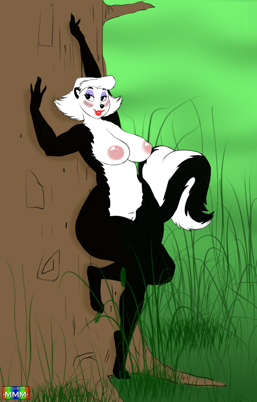 anthro armpits bedroom_eyes blush breasts female fluffy fluffy_tail half-closed_eyes ipan leaning lipstick makeup mammal miz_ma'm'selle_hepzibah nipples nude pogo pussy seductive skunk wide_hips