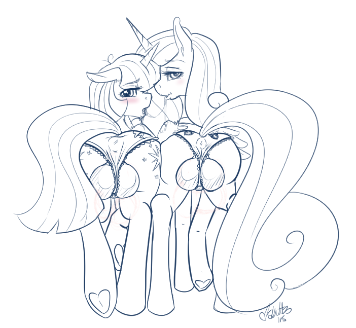 ass balls blush clothing cutie_mark dickgirl duo equine feathered_wings feathers female feral friendship_is_magic horn intersex intersex/intersex looking_at_viewer looking_back mammal monochrome my_little_pony open_mouth panties princess_cadance_(mlp) raised_tail rear_view skuttz underwear wings