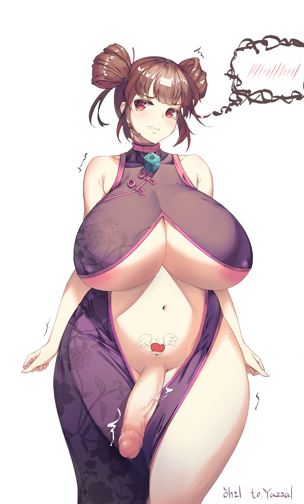 1futa areola_slip areolae bare_shoulders belly bottomless_skirt breasts brown_hair china_dress chinese_clothes chubby cleavage clenched_teeth crotchless dress embarrassed erect_nipples erection futa_only futanari harry_(dudwofla) heart heart_tattoo highres huge_breasts large_areolae large_penis looking_at_viewer navel nipple_bulge nipples no_panties original penis penis_out plump pubic_hair pubic_tattoo red_eyes short_hair simple_background skirt solo spoken_blush tattoo tears thick_thighs thigh_gap thighs tied_hair trembling underboob veiny_penis white_background wide_hips