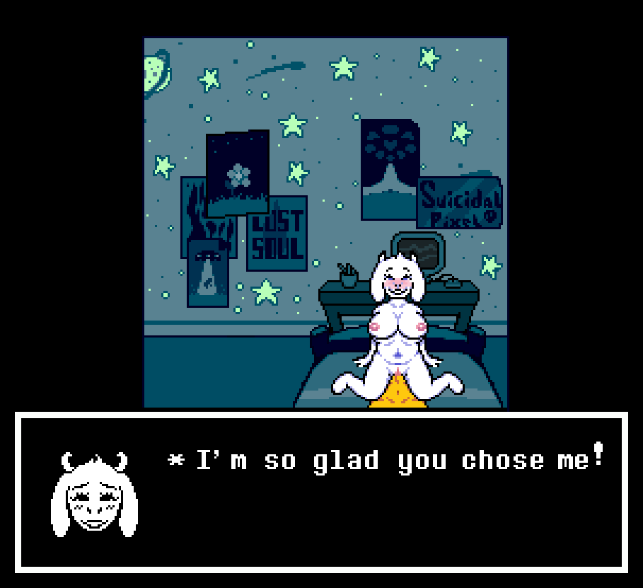animated bed bedroom boss_monster breasts deltarune dialogue fat_female goat incest kris_(deltarune) mother muscles muscular muscular_male older_female penis pixel_animation pixel_art pixelated pov pussy son sprite suicidalpixel toriel younger_male