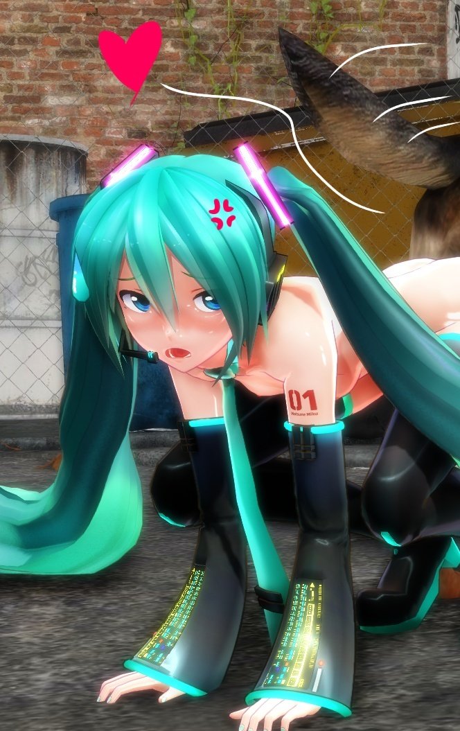 1girl, 3d, 3d (artwork), 3d render, all fours, anger vein, aqua eyes, aqua hair, ass to ass, bestiality sex, blue eyes, blue hair, blush, boots, canine, canine on human, detached sleeves, female on feral, feral, feral on female, feral on human, handjob, hatsune miku, headset, heart, human female, human on feral, human penetrated, knotting position, long hair, mikumikudance, mmd, naked, naked female, necktie, nude, open mouth, pale-skinned female, semen, solo, tattoo, thigh boots, thighhighs, twintails, very long hair, vocaloid, yokudex, zoophilia