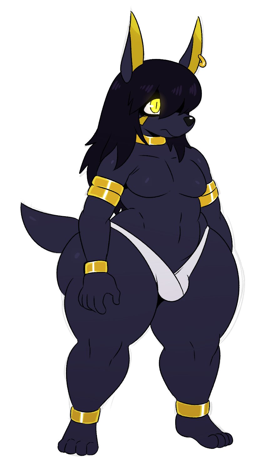 alternate species, anthro, ass, big butt, black body, black fur, black hair, black nose, bulge, canid, canine, canis, chubby, chubby girly, curvy, curvy body, curvy figure, ear piercing, femboy, fur, glowing, glowing eyes, hair, hi res, huge butt, jackal, jewelry, lucas (sssonic2), male, mammal, piercing, shortstack, shortstack femboy, shortstack male, simple background, slightly chubby, slightly chubby male, solo, sssonic2, tagme, thick thighs, white background, wide hips, yellow eyes