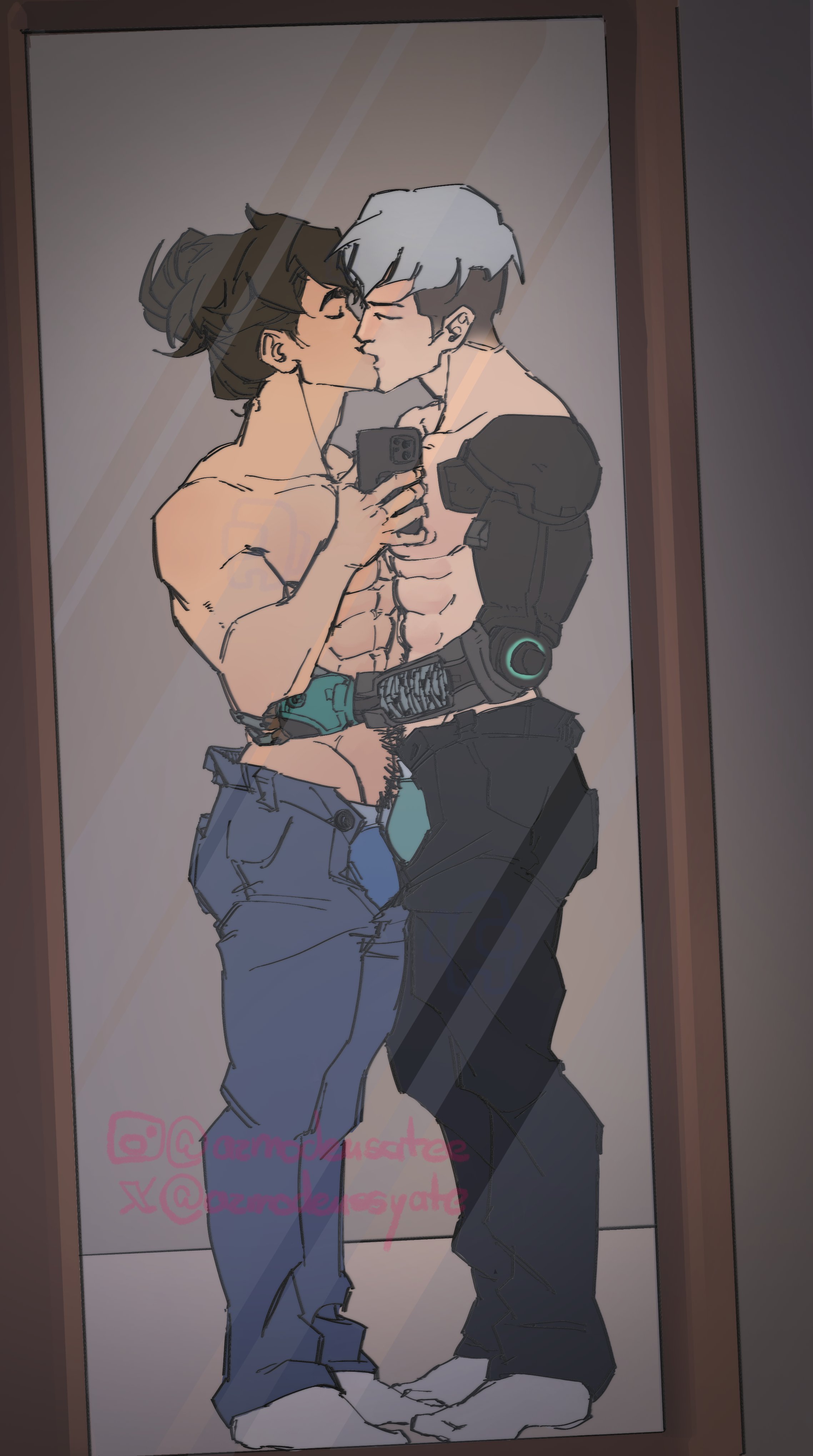 2boys, azmodeussyate, gay, kawano mizuki, kissing, male only, mirror selfie, mizuki (overwatch), mizuki kawano, overwatch, shirtless, wuyang, wuyang ye