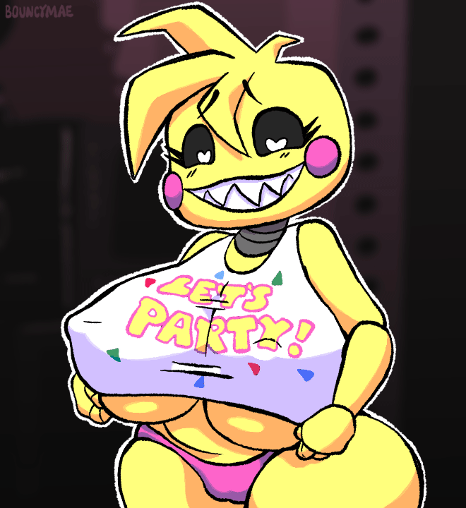 animated, animatronic, anthro, avian, beakless, big breasts, bird, bouncing breasts, bouncymae, breasts, clothed, clothing, clothing lift, female, five nights at freddy's, five nights at freddy's 2, grin, heart eyes, heart symbol, huge breasts, looking at viewer, machine, nipples, non-mammal nipples, panties, robot, scottgames, sharp teeth, shirt, shirt lift, smile, solo, teeth, topwear, toy chica (fnaf), underwear