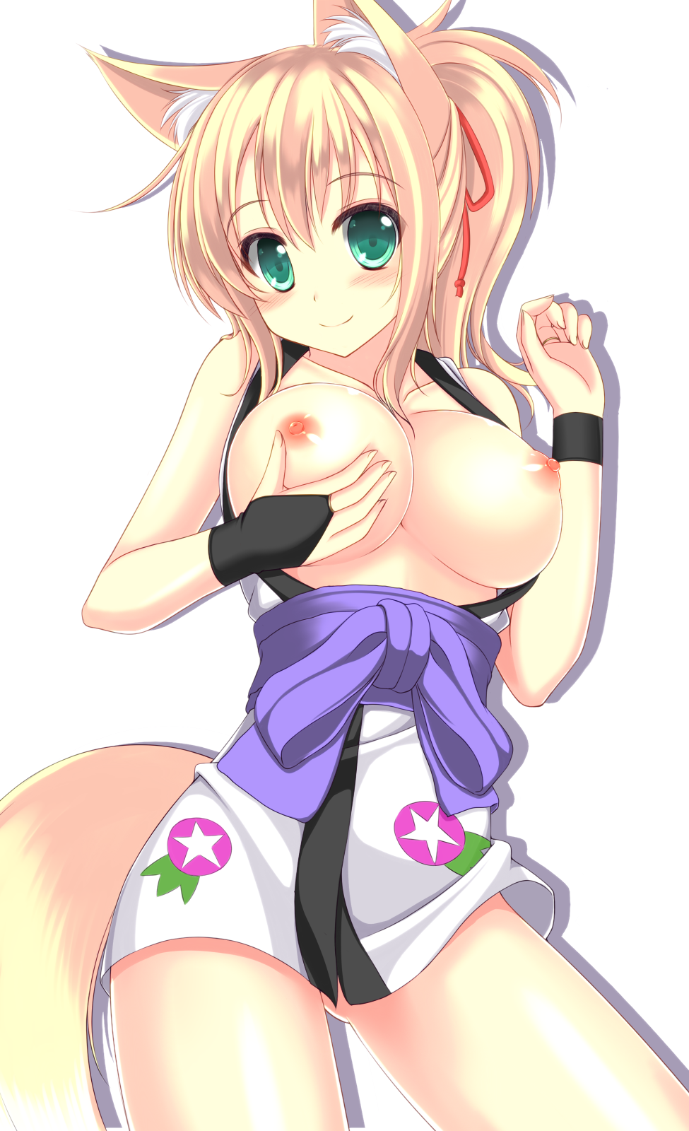 animal_ears blonde_hair blush bow breast_lift breasts breasts_out dog_days female fox_ears fox_tail green_eyes hair_ornament hair_ribbon highres japanese_clothes kimono large_breasts long_hair looking_at_viewer nipples obi off_shoulder open_mouth original ponytail ribbon sash smile sogaya solo tail tareme tied_hair very_long_hair yukikaze_panettone