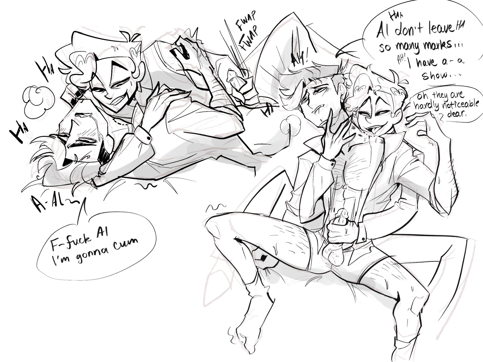 2boys, alastor (hazbin hotel), big penis, bite, bite mark, body markings, clothed, curly hair, english, english text, eyes rolling back, gay, hairy, hairy arms, hairy chest, hairy legs, hairy male, hazbin hotel, hickey, human alastor (hazbin hotel), human vox (hazbin hotel), jerking, jerkingoff, legs, lip biting, masturbating, masturbating other, masturbation, moaning, monochrome, open mouth, penis, pinksartdump, precum, pubic hair, saliva, saliva trail, short hair, sketch, socks, tongue, tongue out, vox (hazbin hotel), yaoi