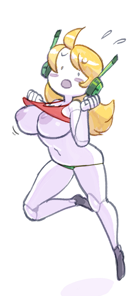 android, blonde hair, breasts, cave story, chibi, clothing, curly brace, female, large breasts, long hair, nipples, noill, open mouth, panties, robot ears, sweat