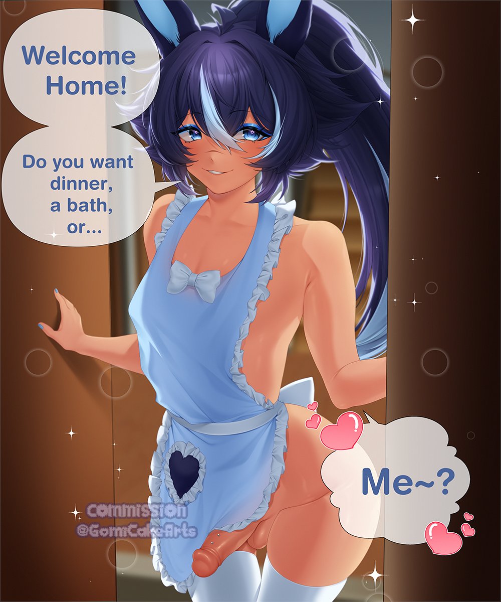 apron, apron only, blue eyes, blue hair, bunny boy, bunny ears, eyeshadow, femboy, gomi-cake, heart-shaped pupils, long hair, looking at viewer, makeup, male, male only, naked apron, opening door, original, original character, painted nails, pierced genitals, pierced penis, ponytail, scar, talking to viewer, tan skin, text, text box, text bubble, thighhighs, yaoi
