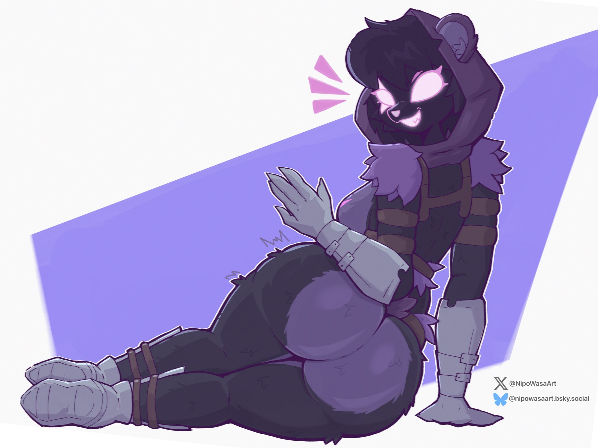 1girls, 2026, animal ears, artist name, ass, back, back view, big ass, color, colored, digital media (artwork), female, female only, fortnite, fortnite: battle royale, fur, furry, furry ears, furry female, hi res, looking at viewer, looking back, nipowasa, purple background, purple fur, raven team leader, raven team leader (fortnite), simple background, smile, smiling at viewer, solo, thick thighs, thighs, twitter username, video game character, video games, white background